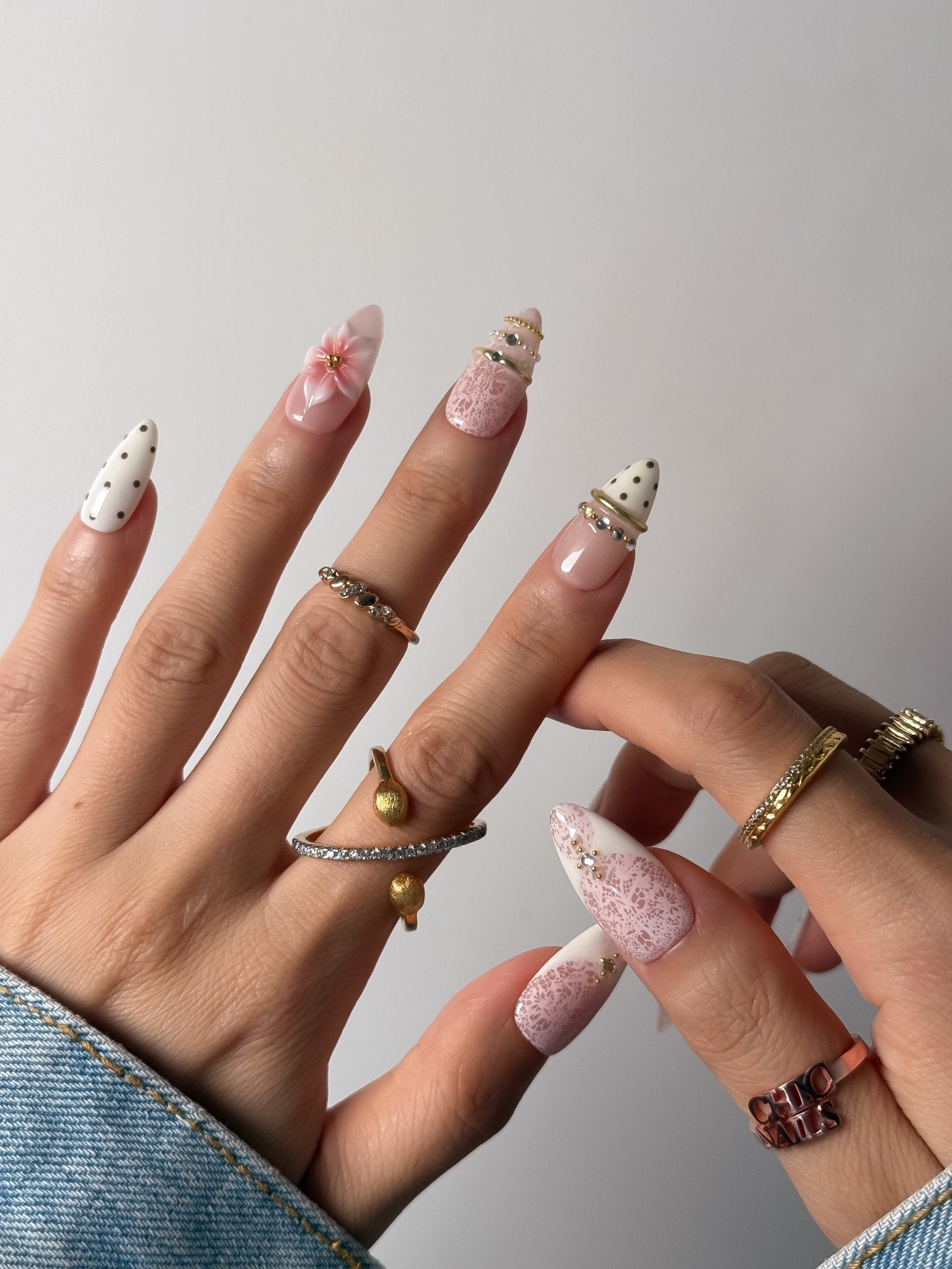 Pink Blossom Pearl Press On Nails Handmade Reusable Fake Nails Medium Almond