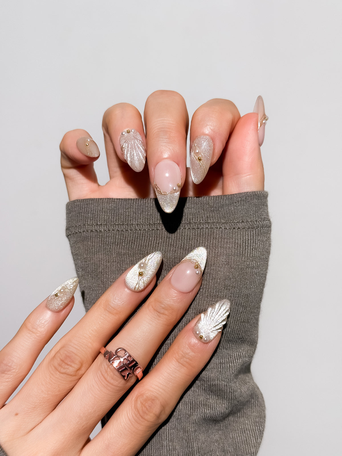 Champagne Pearl Medium Almond Press On Nails