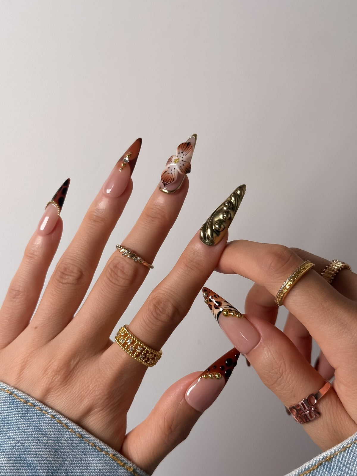 Brown Floral Tortoiseshell Press On Nails Handmade Reusable Fake Nails Long Stiletto