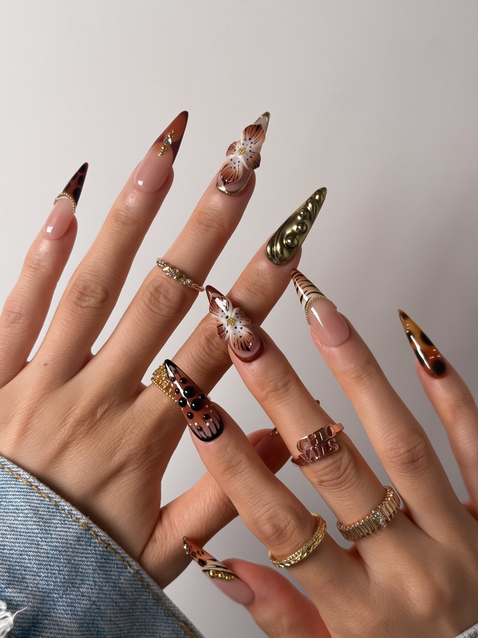 Brown Floral Tortoiseshell Press On Nails Handmade Reusable Fake Nails Long Stiletto