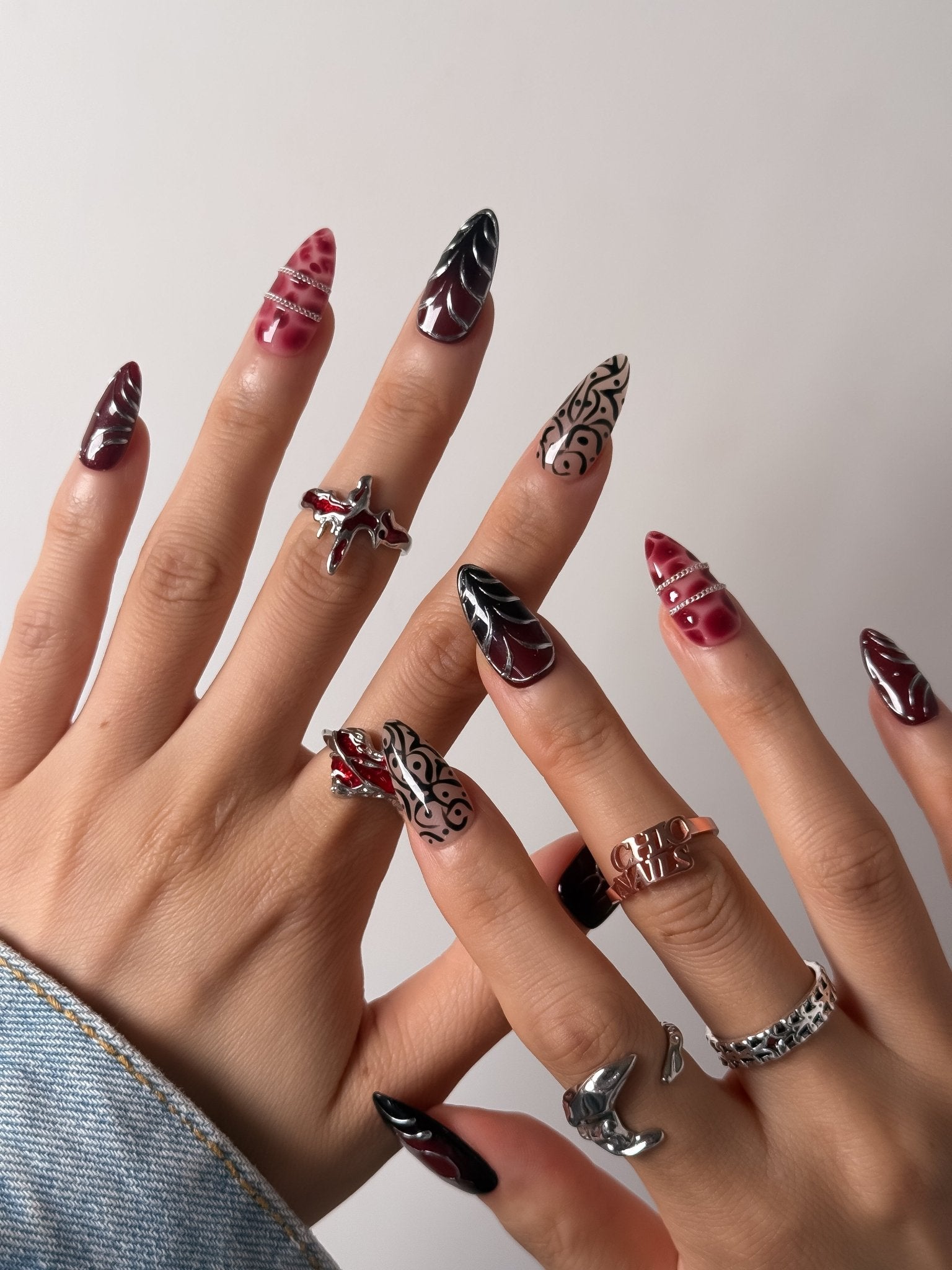 Burgundy Marble & Black Abstract Press On Nails Handmade Reusable Fake Nails Medium Almond