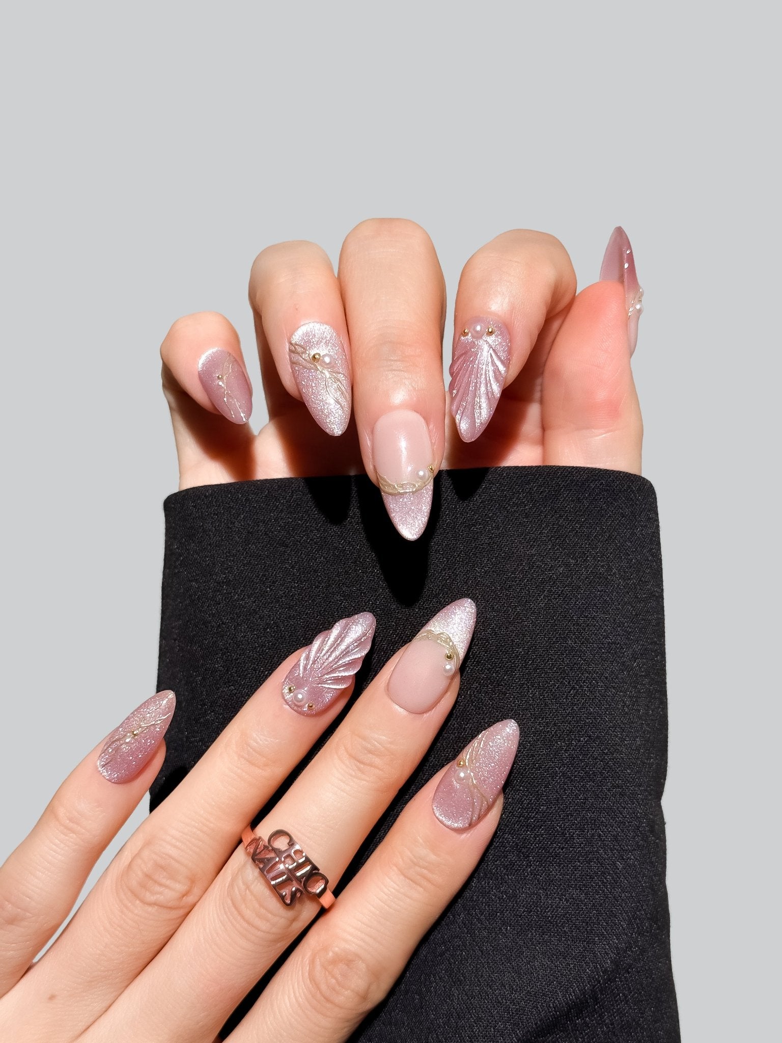 Pink Pearl Shell Press On Nails Handmade Reusable Fake Nails Medium Almond