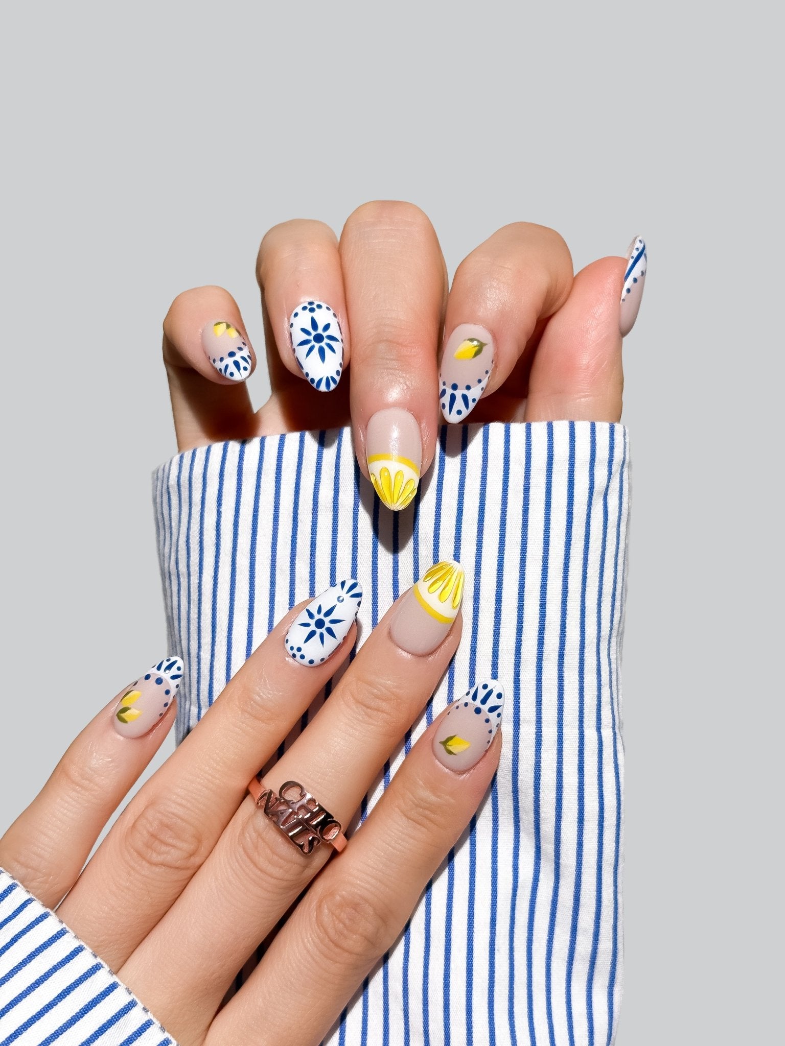 Blue Lemon Press On Nails Handmade Reusable Fake Nails Short Almond