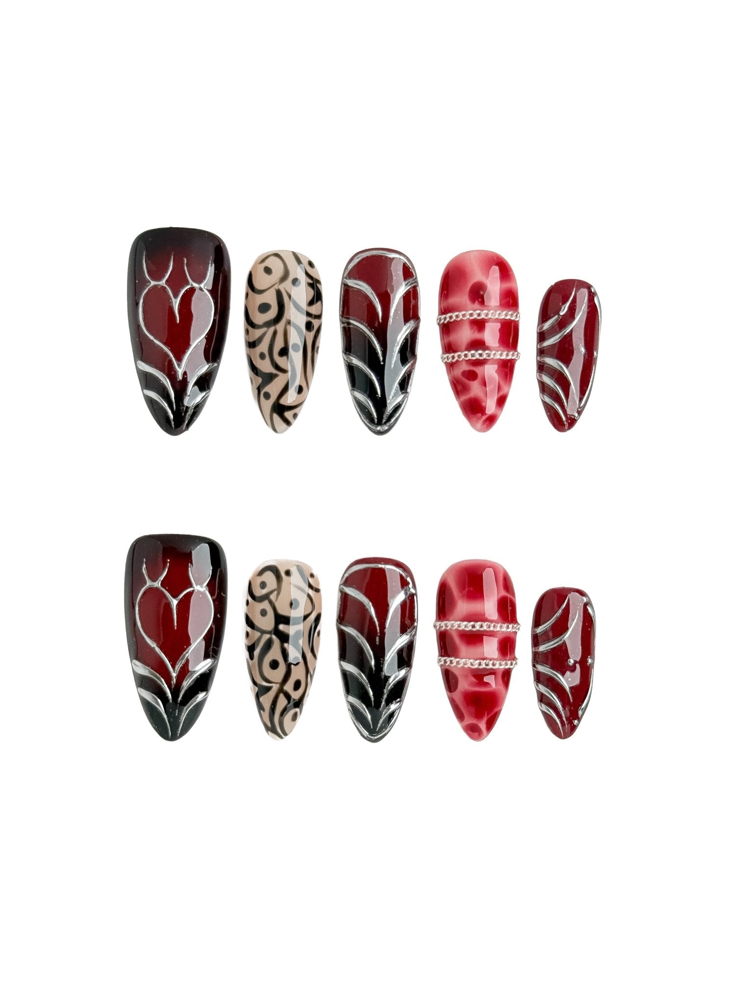 Burgundy Marble & Black Abstract Press On Nails Handmade Reusable Fake Nails Medium Almond