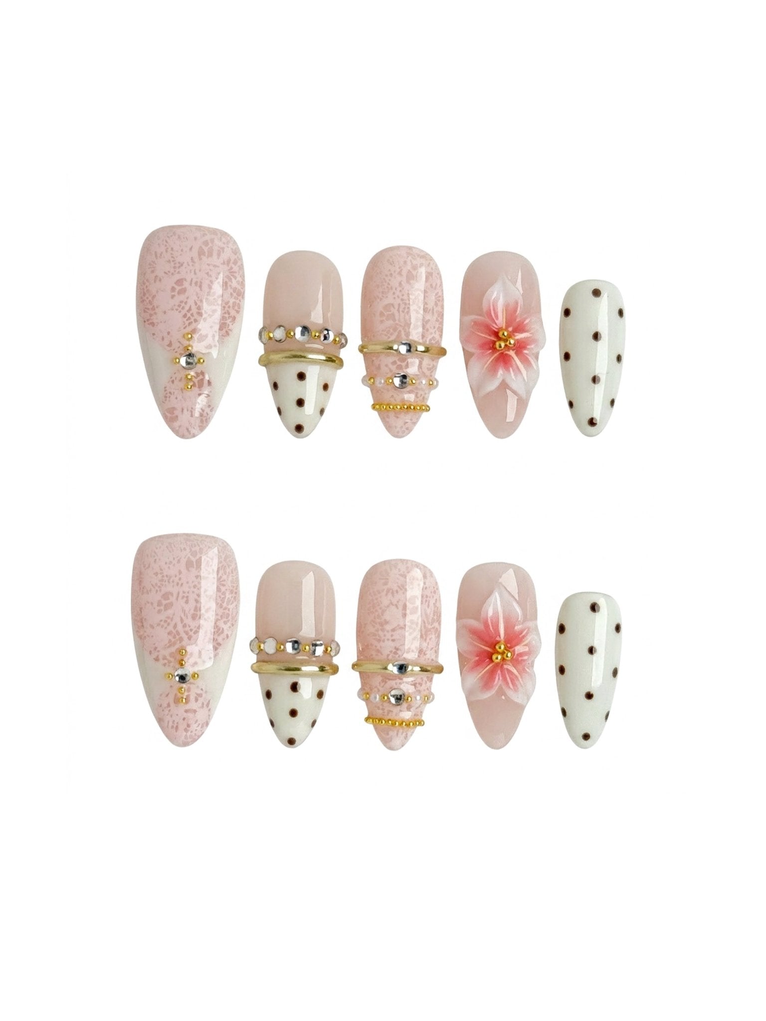 Pink Blossom Pearl Press On Nails Handmade Reusable Fake Nails Medium Almond