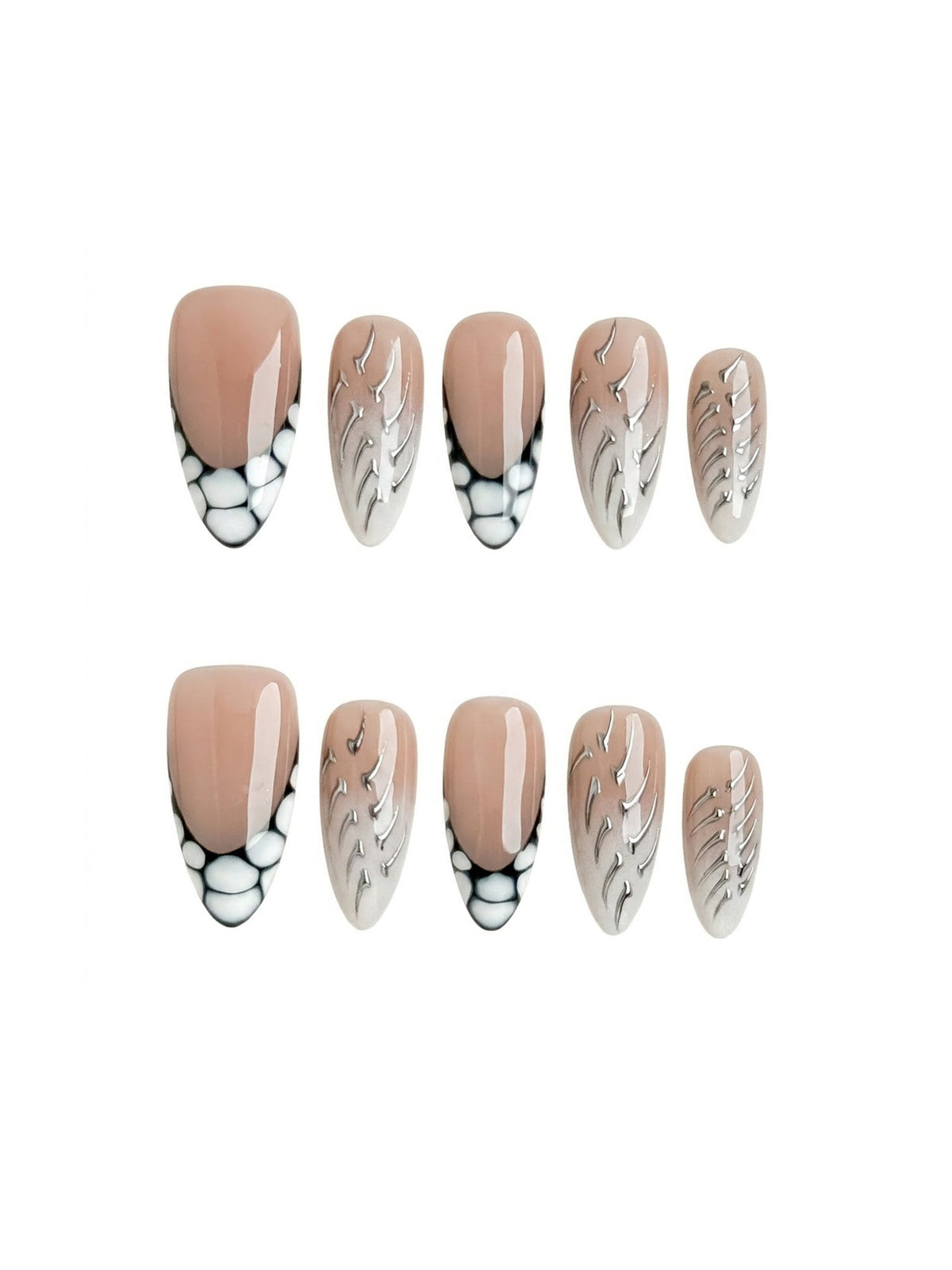 Black & White Flame French Press On Nails Handmade Reusable Fake Nails Medium Almond