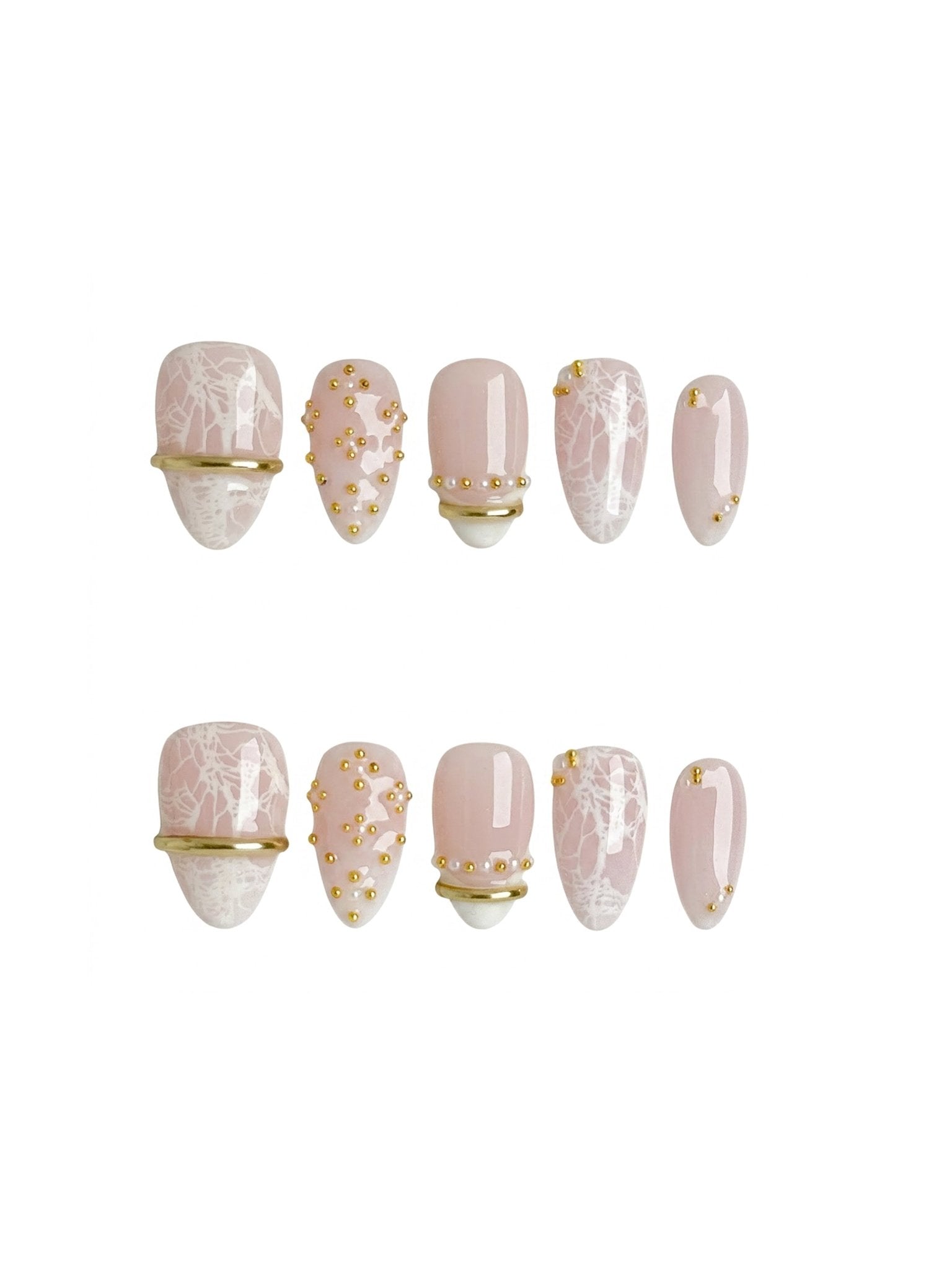 White Lace Gold Press On Nails Handmade Reusable Short Almond