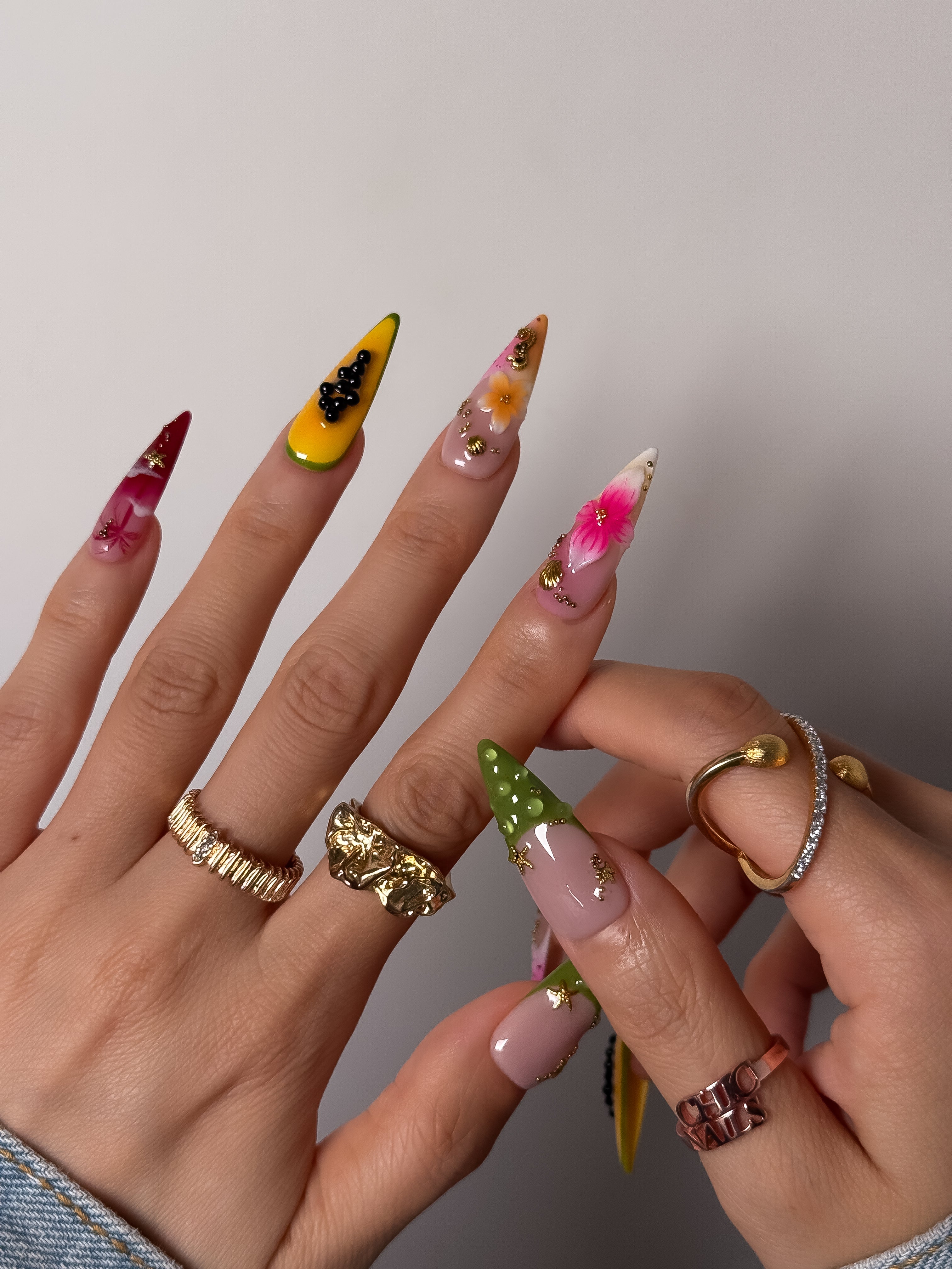 Papaya Hibiscus Press On Nails, Handmade Tropical 3D Flower Nails, Long Stiletto