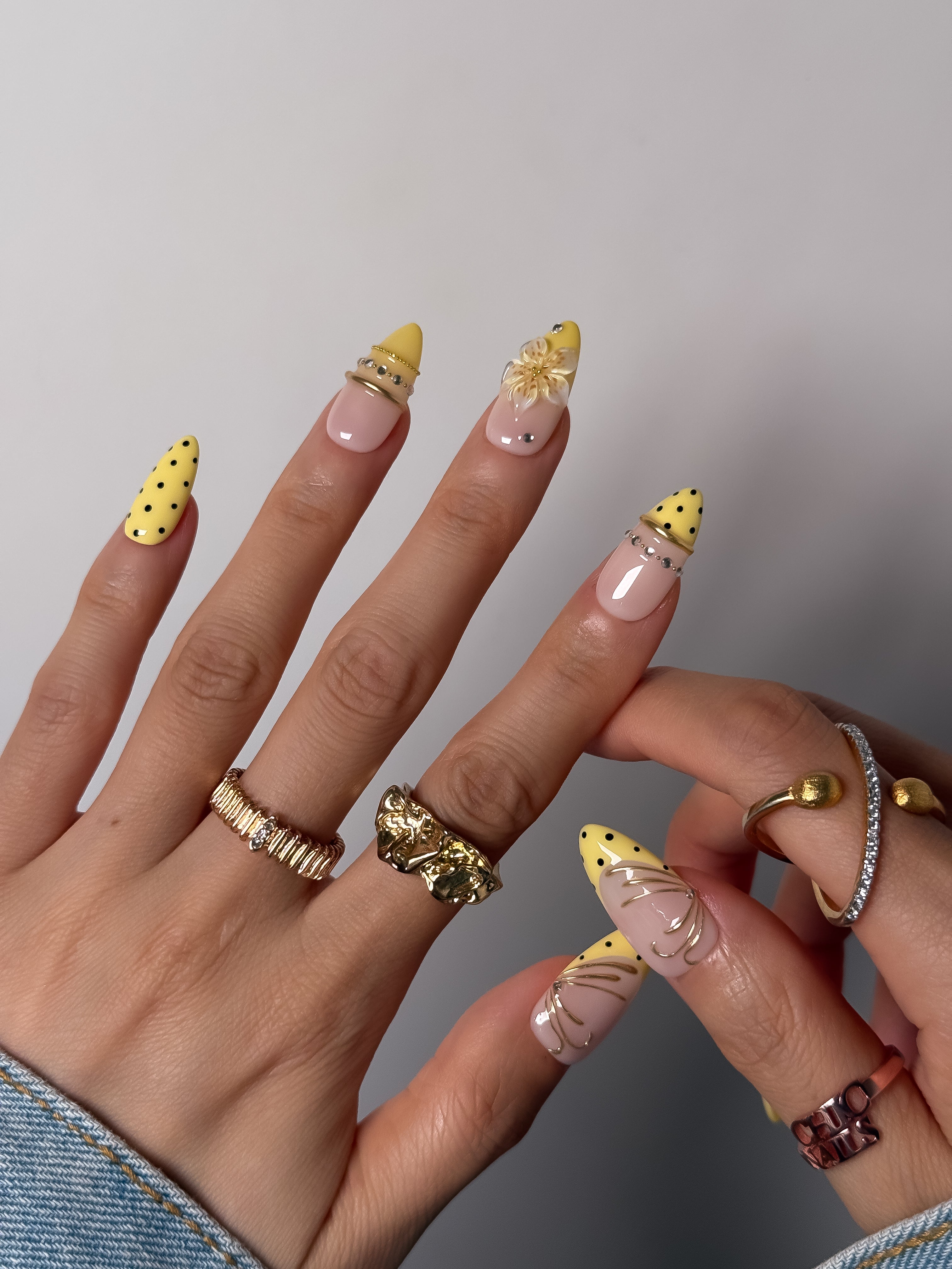 Yellow Polka Dot Flower Press On Nails Handmade Reusable Fake Nails Medium Almond