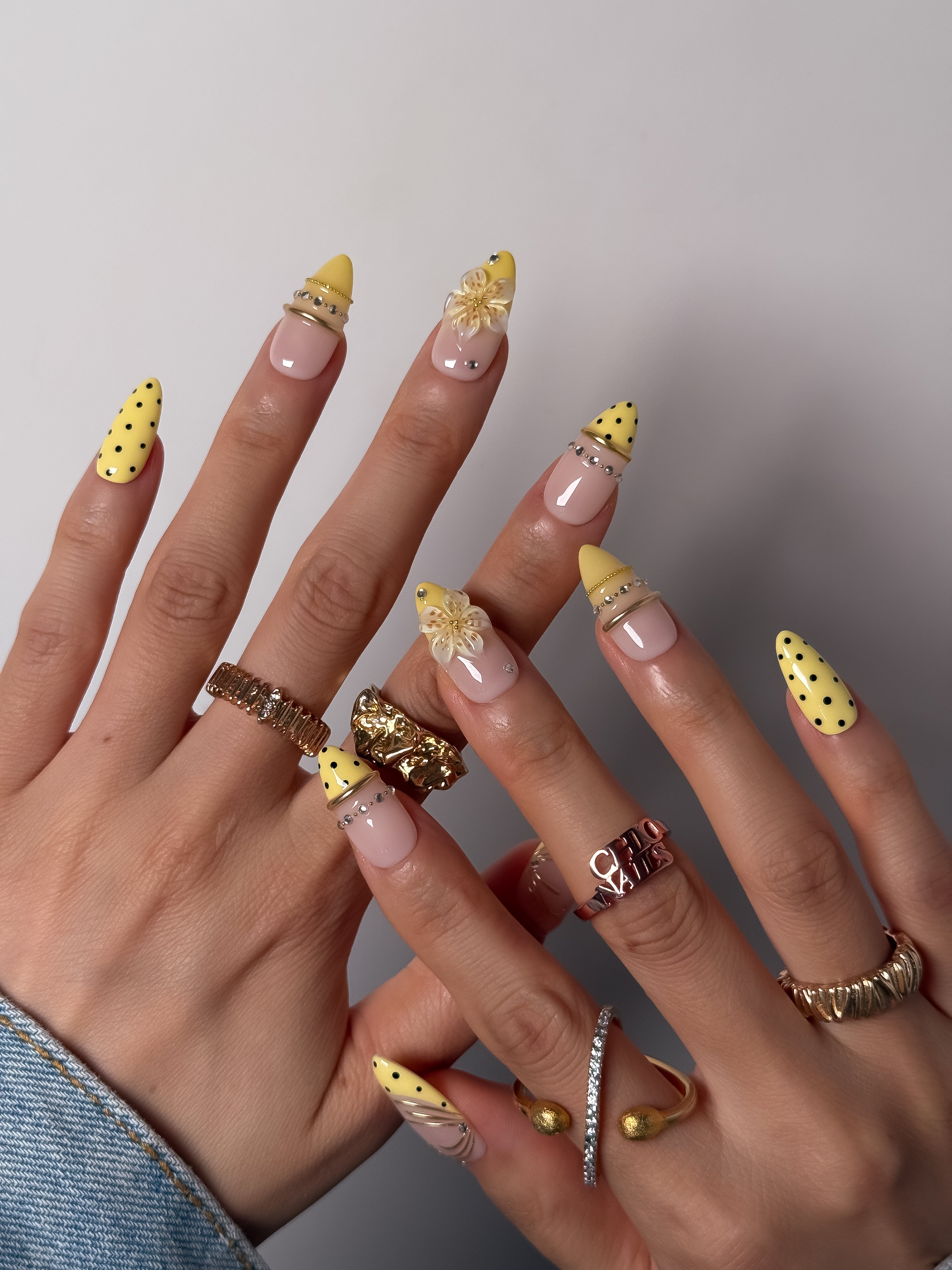 Yellow Polka Dot Flower Press On Nails Handmade Reusable Fake Nails Medium Almond