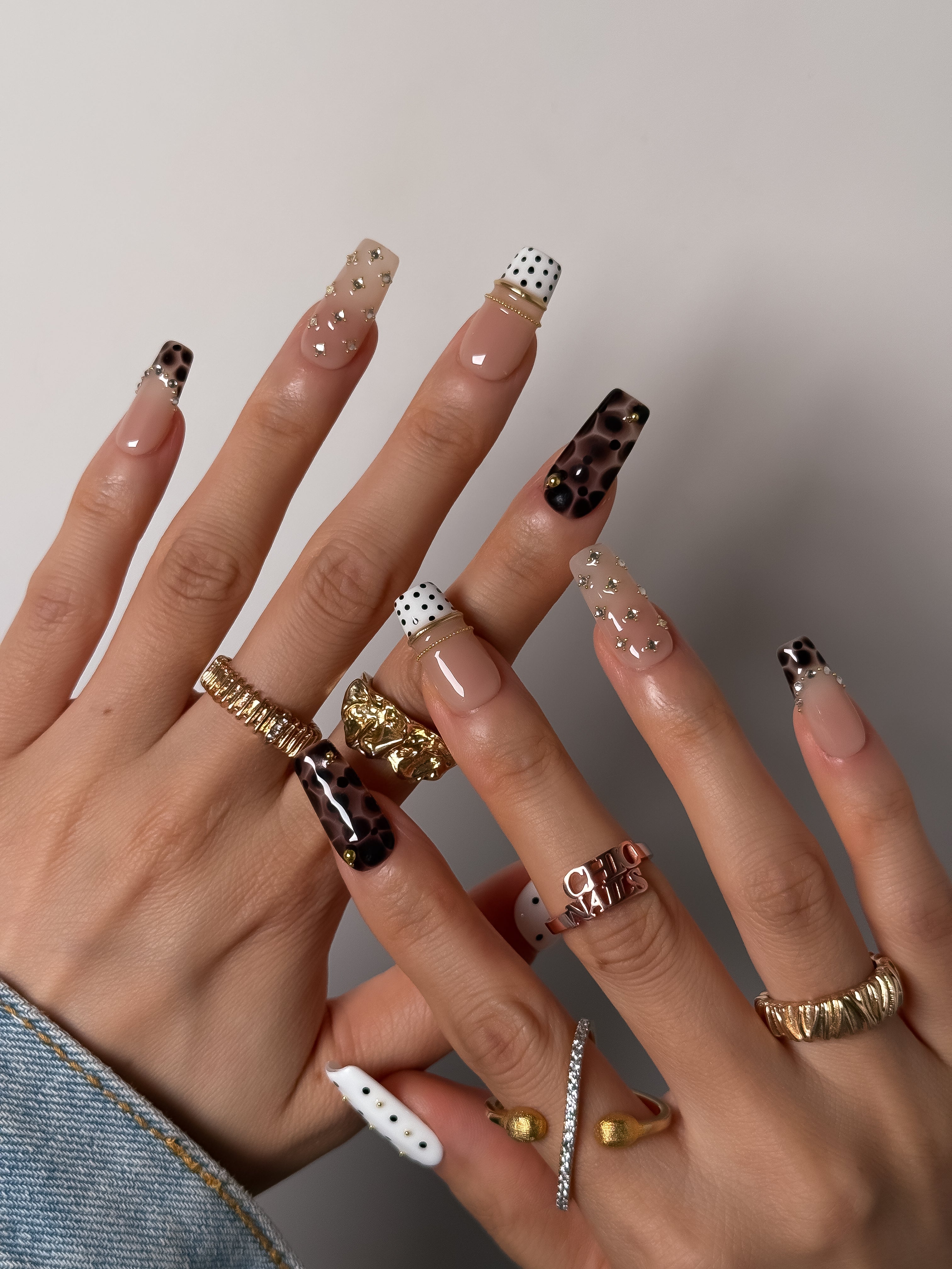 Handmade Leopard French Press On Nails, Nude Polka Dot Gold Chrome Nails, Medium Square
