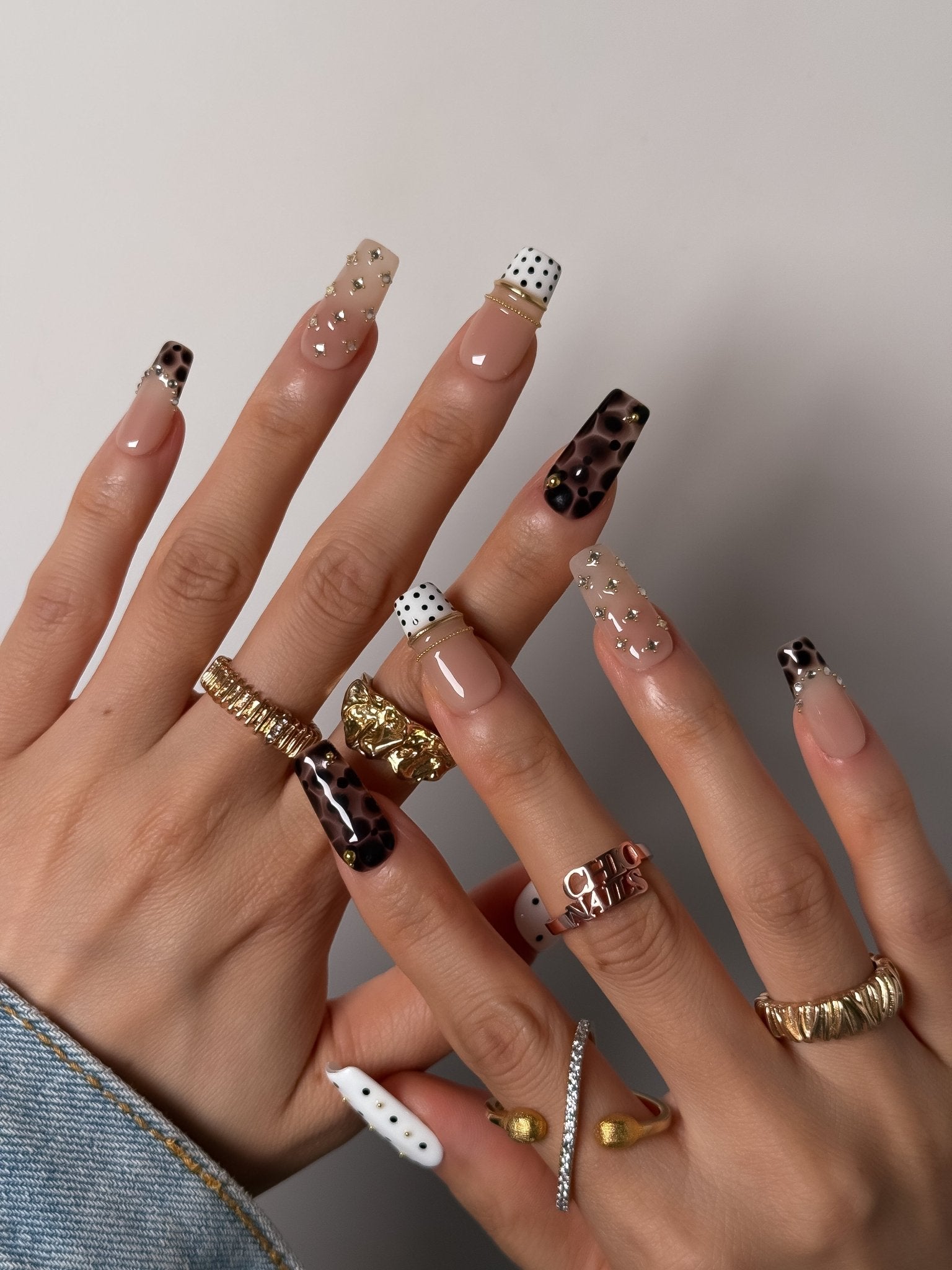 Handmade Leopard French Press On Nails, Nude Polka Dot Gold Chrome Nails, Medium Square