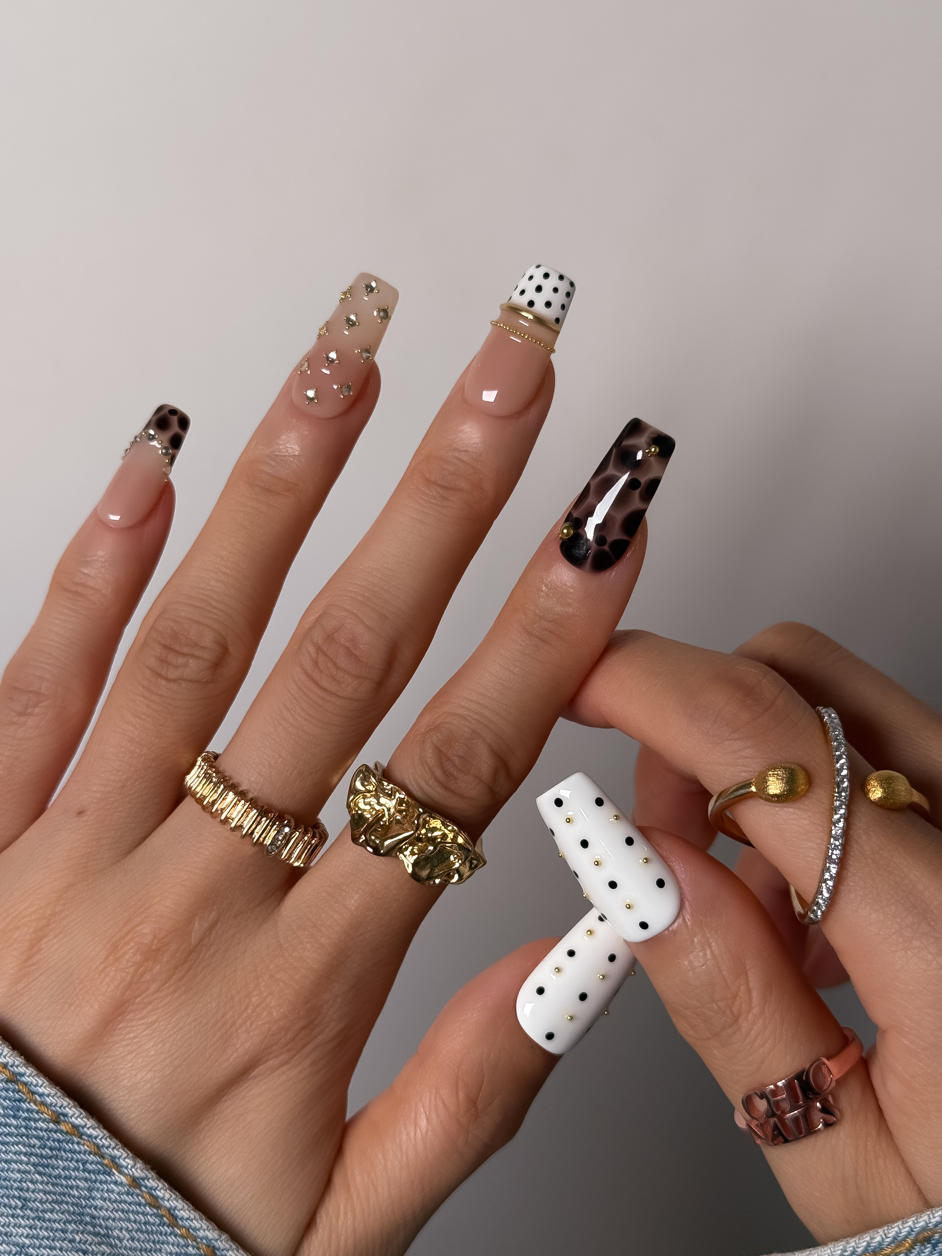 Handmade Leopard French Press On Nails, Nude Polka Dot Gold Chrome Nails, Medium Square