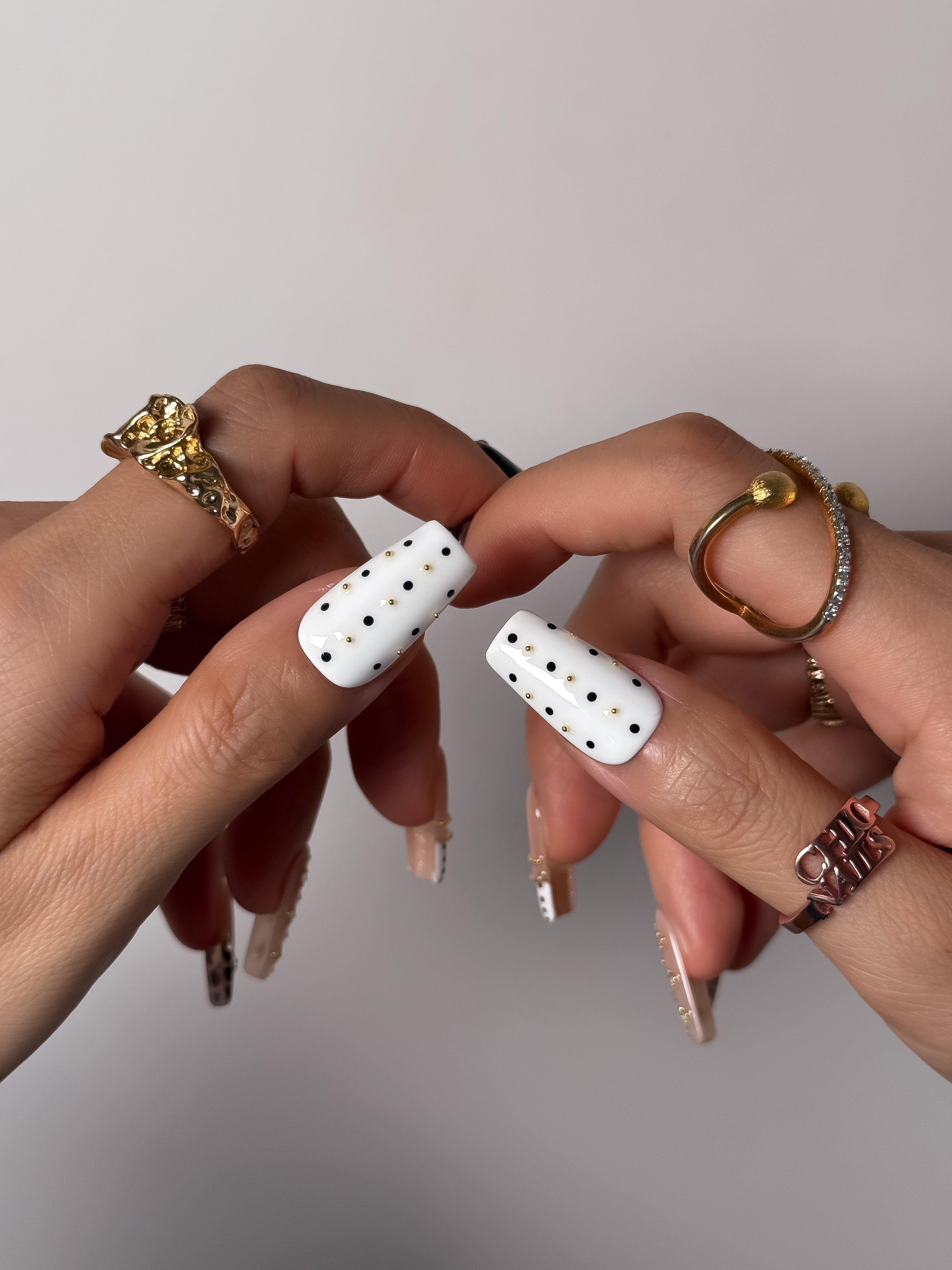 Handmade Leopard French Press On Nails, Nude Polka Dot Gold Chrome Nails, Medium Square