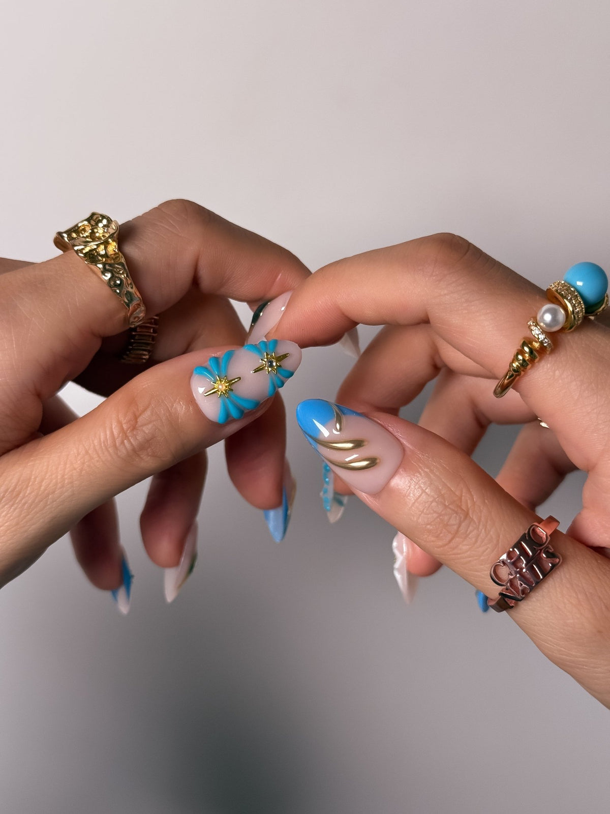 Handmade Blue Floral Press On Nails, Gold Chrome Flower French Nails, Medium Almond