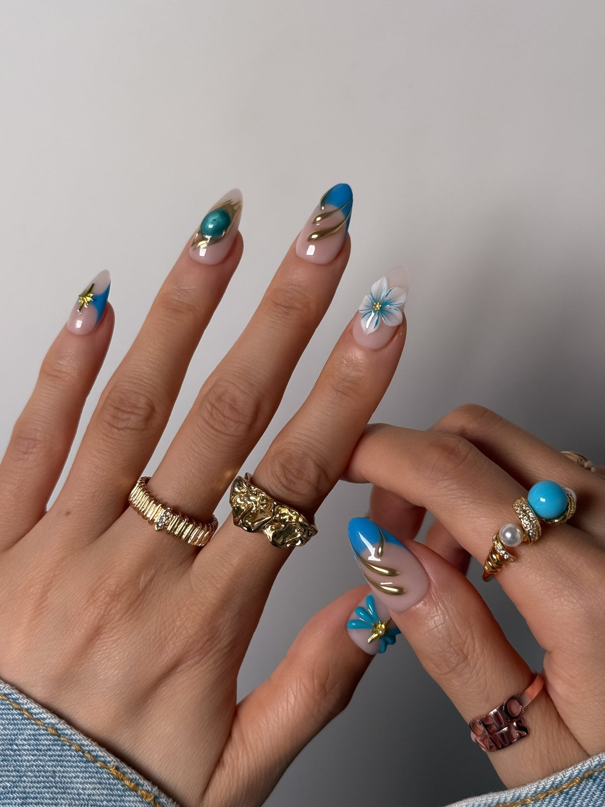 Handmade Blue Floral Press On Nails, Gold Chrome Flower French Nails, Medium Almond