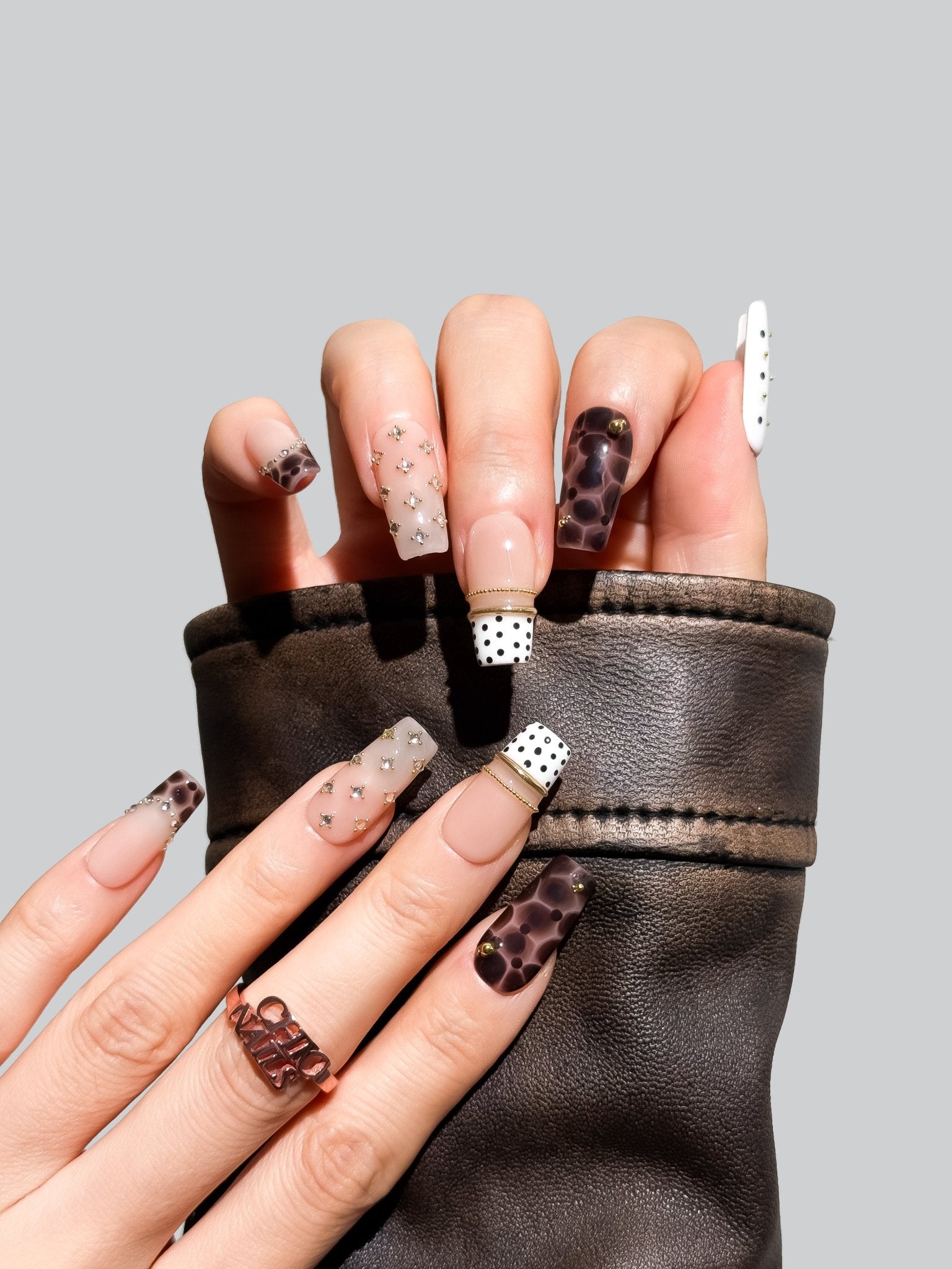Handmade Leopard French Press On Nails, Nude Polka Dot Gold Chrome Nails, Medium Square