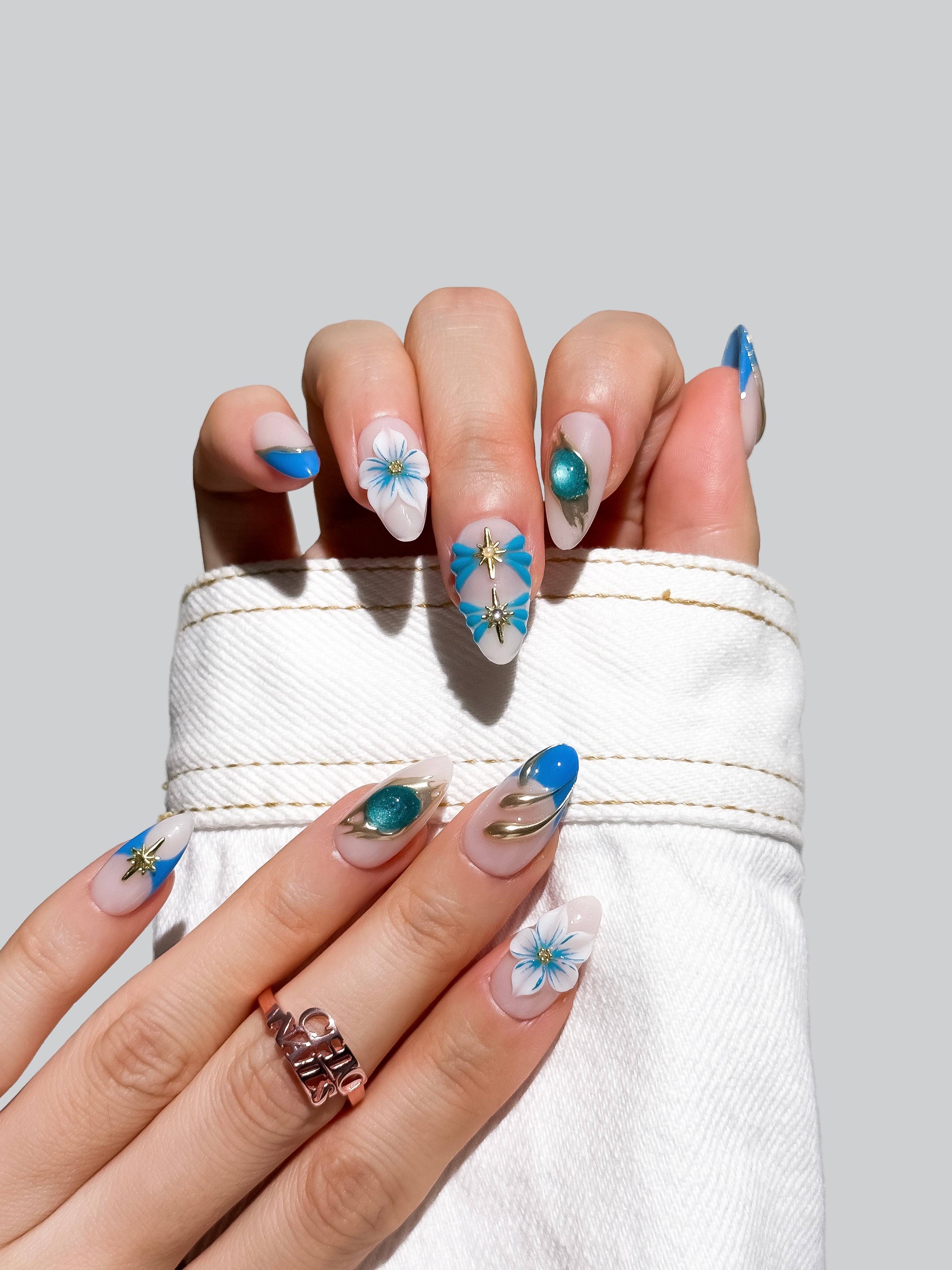 Handmade Blue Floral Press On Nails, Gold Chrome Flower French Nails, Medium Almond