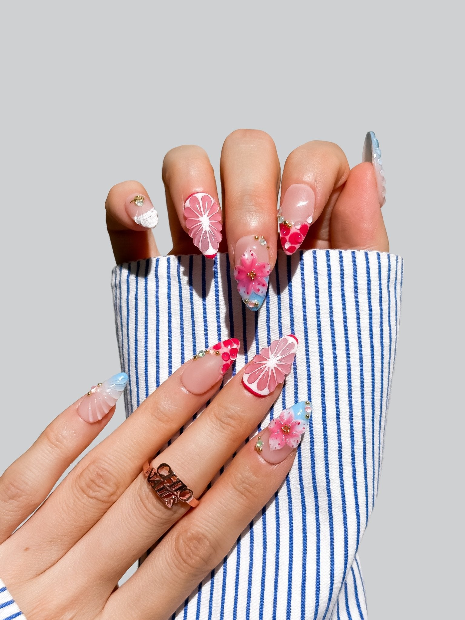 Handmade Pink Citrus Blossom Press On Nails, 3D Floral Fruit Summer Nails, Medium Almond