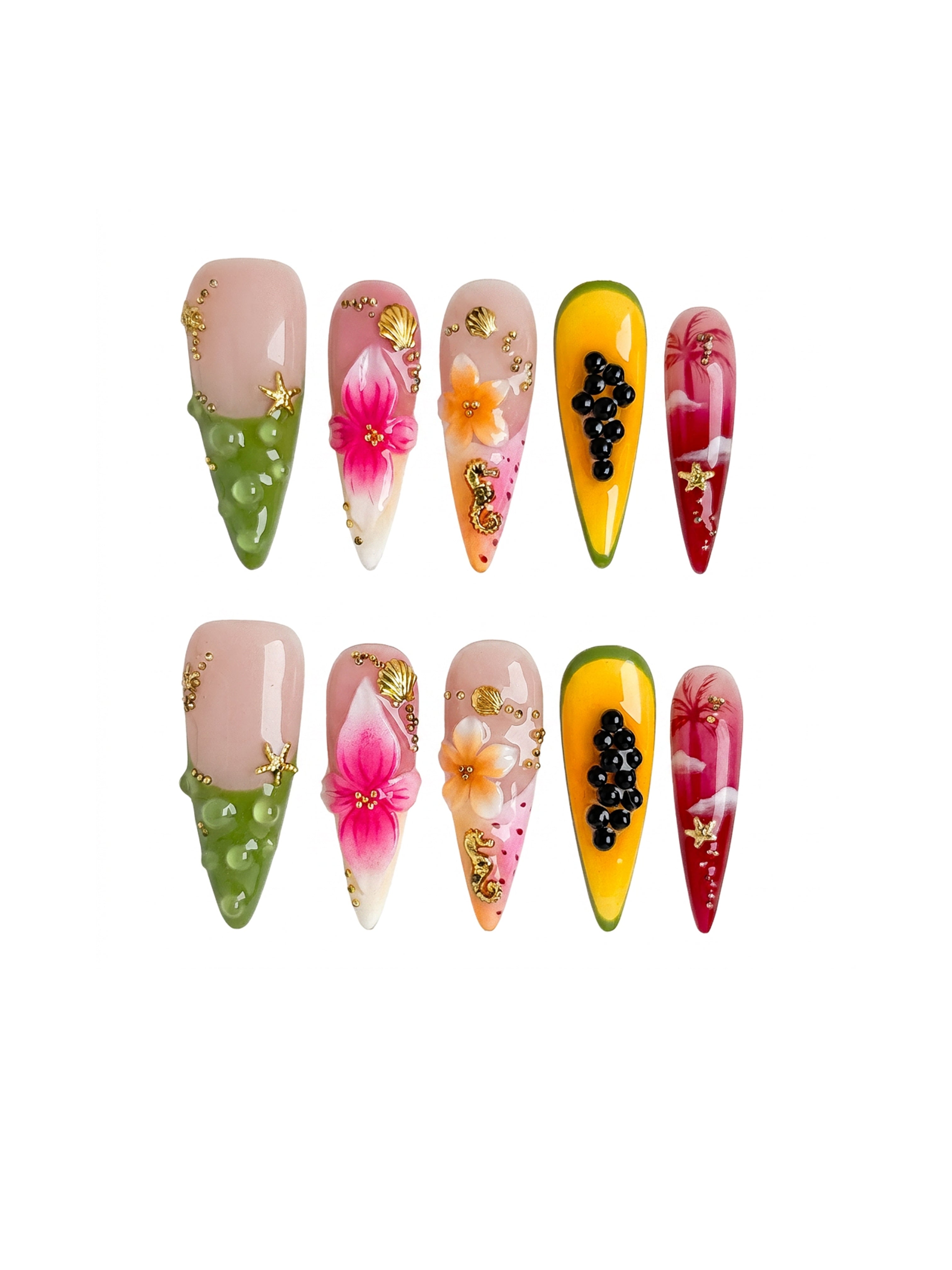 Papaya Hibiscus Press On Nails, Handmade Tropical 3D Flower Nails, Long Stiletto