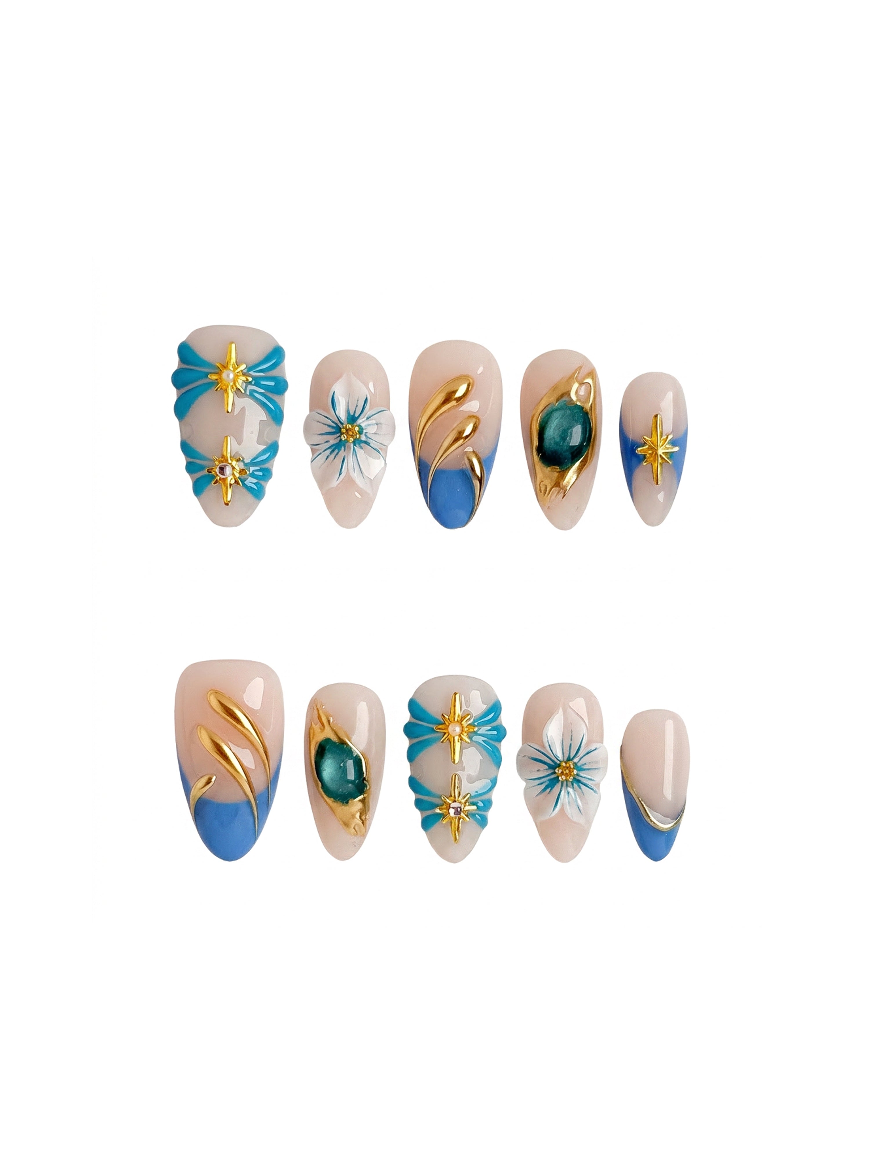 Handmade Blue Floral Press On Nails, Gold Chrome Flower French Nails, Medium Almond