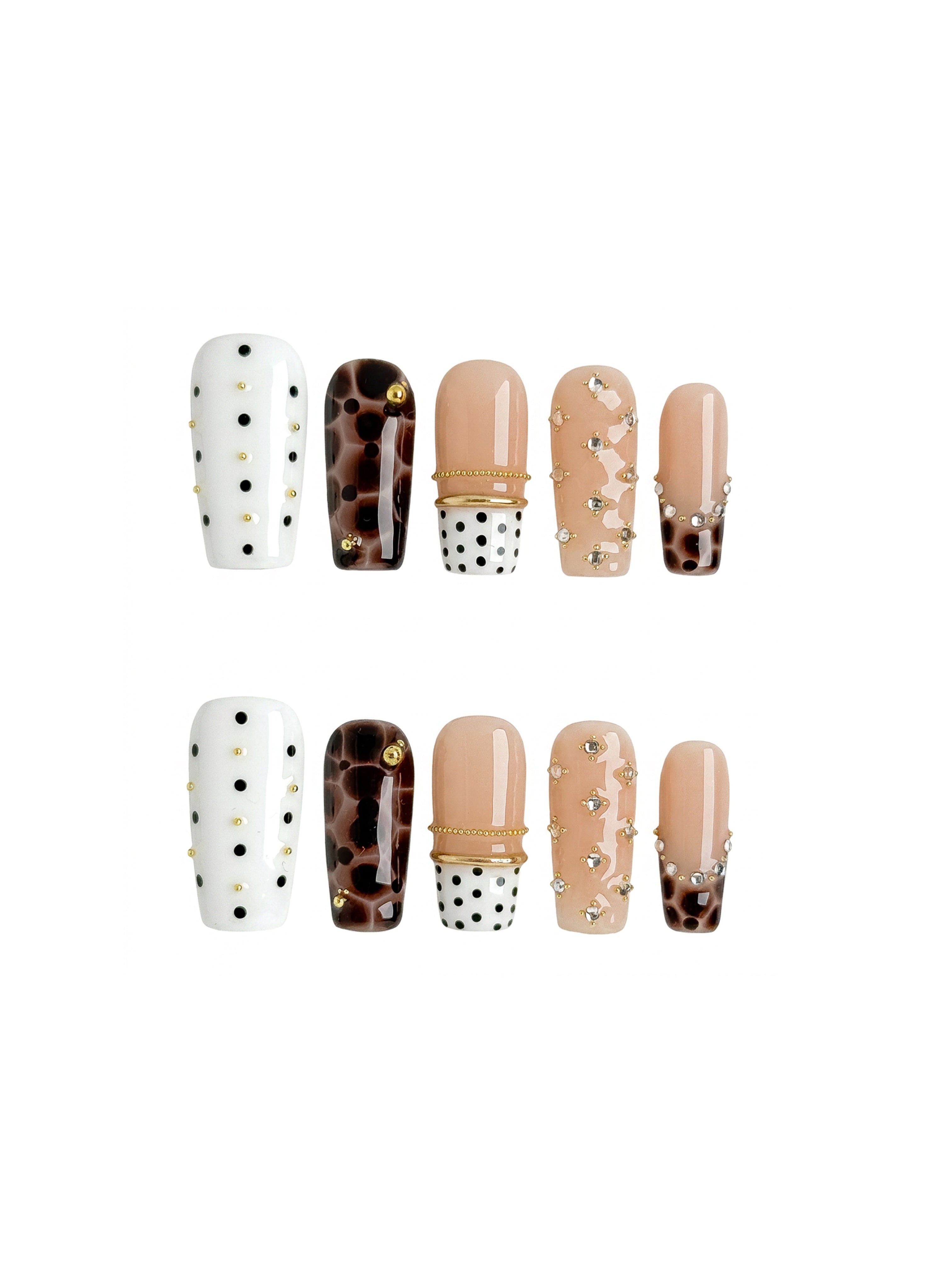 Handmade Leopard French Press On Nails, Nude Polka Dot Gold Chrome Nails, Medium Square