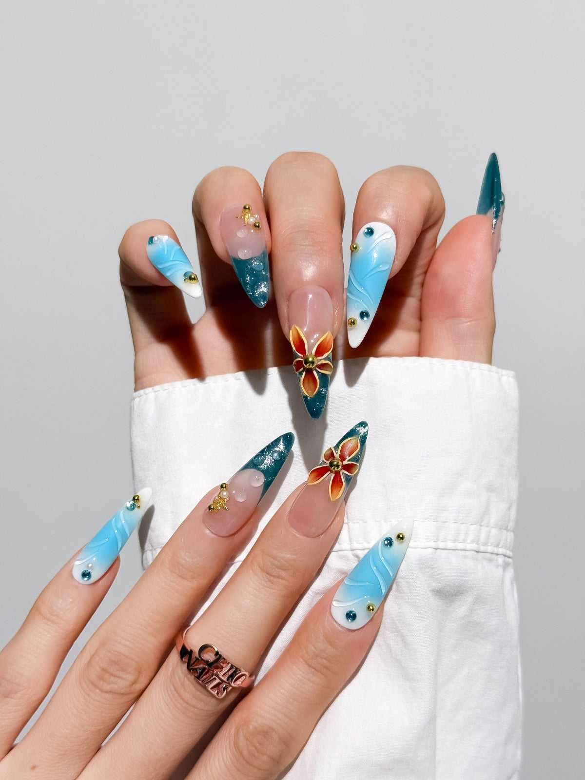 Ocean Bloom Long Stiletto Press On Nails