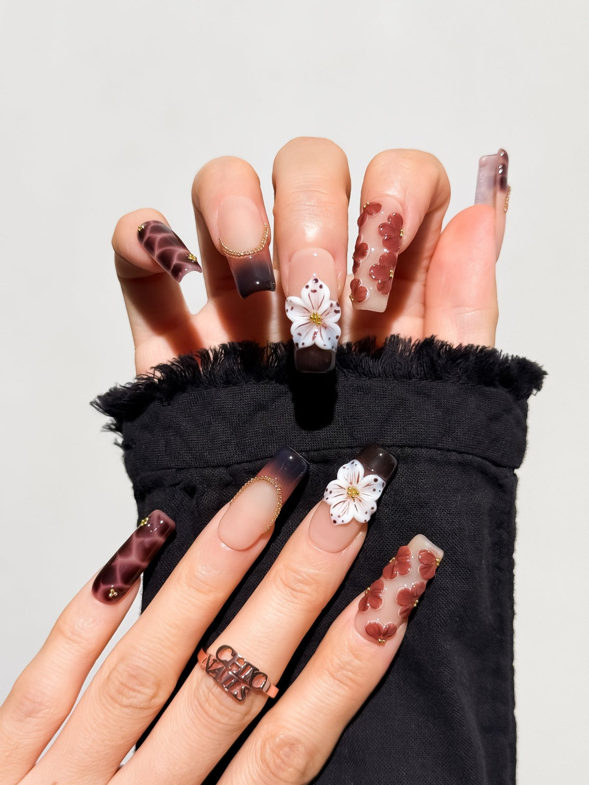 Mocha Blossom Long Square Press On Nails