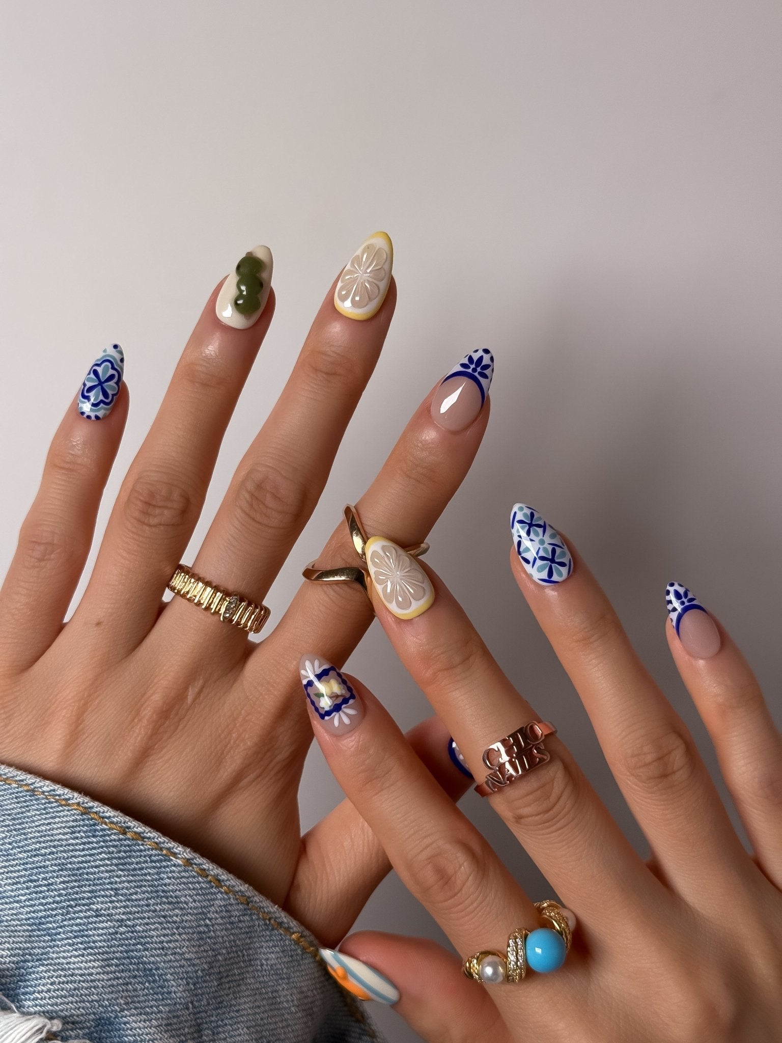 Blue Lemon Tile Press On Nails Short Almond