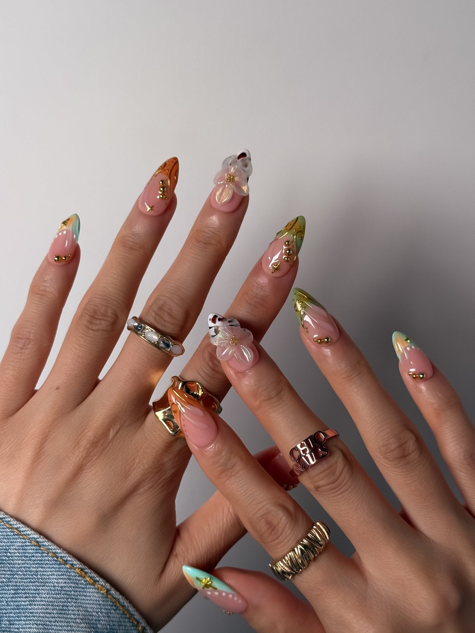 Pastel Floral French Tip Press On Nails Medium Almond