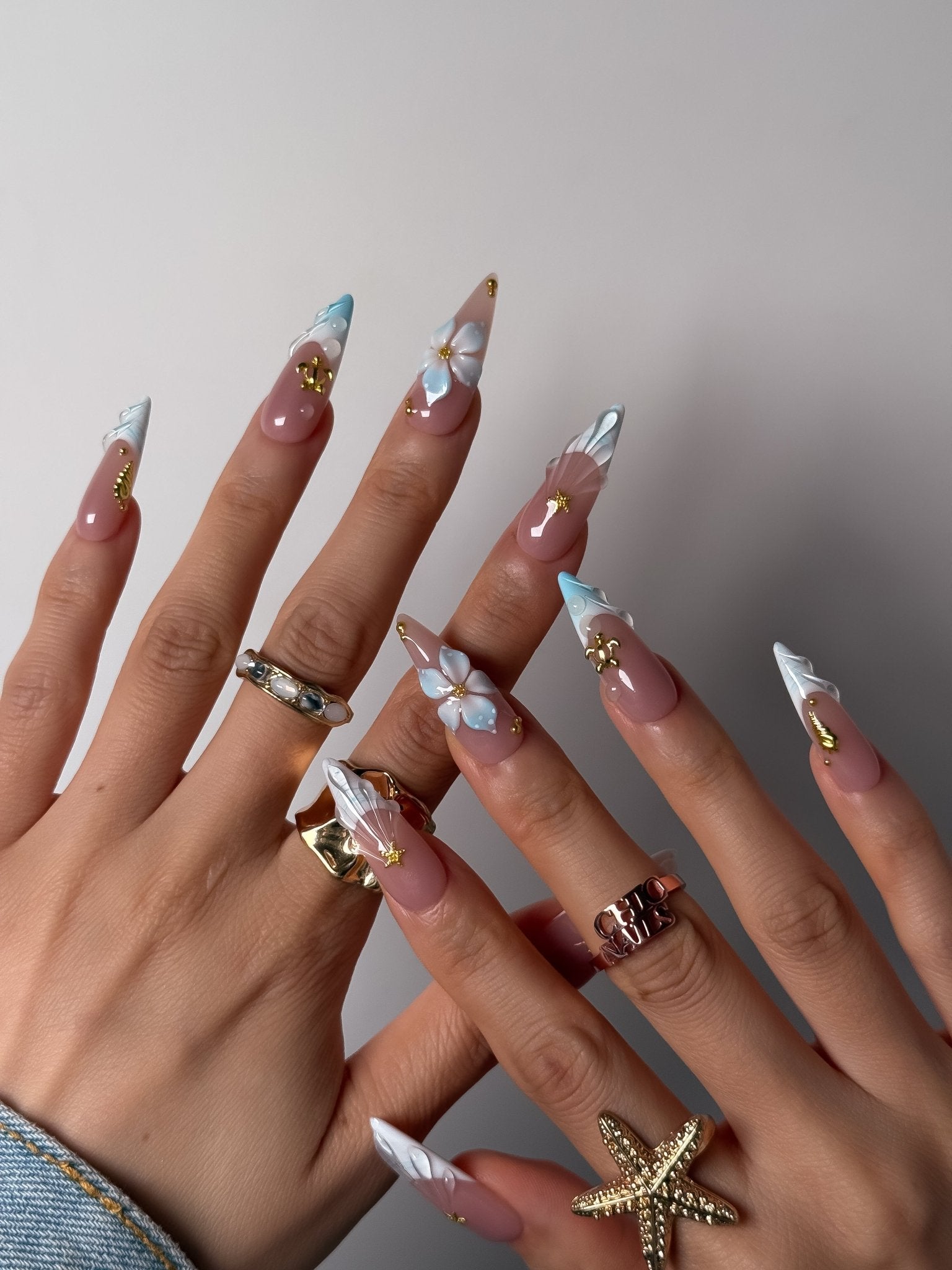 Blue Hibiscus Press On Nails Long Stiletto