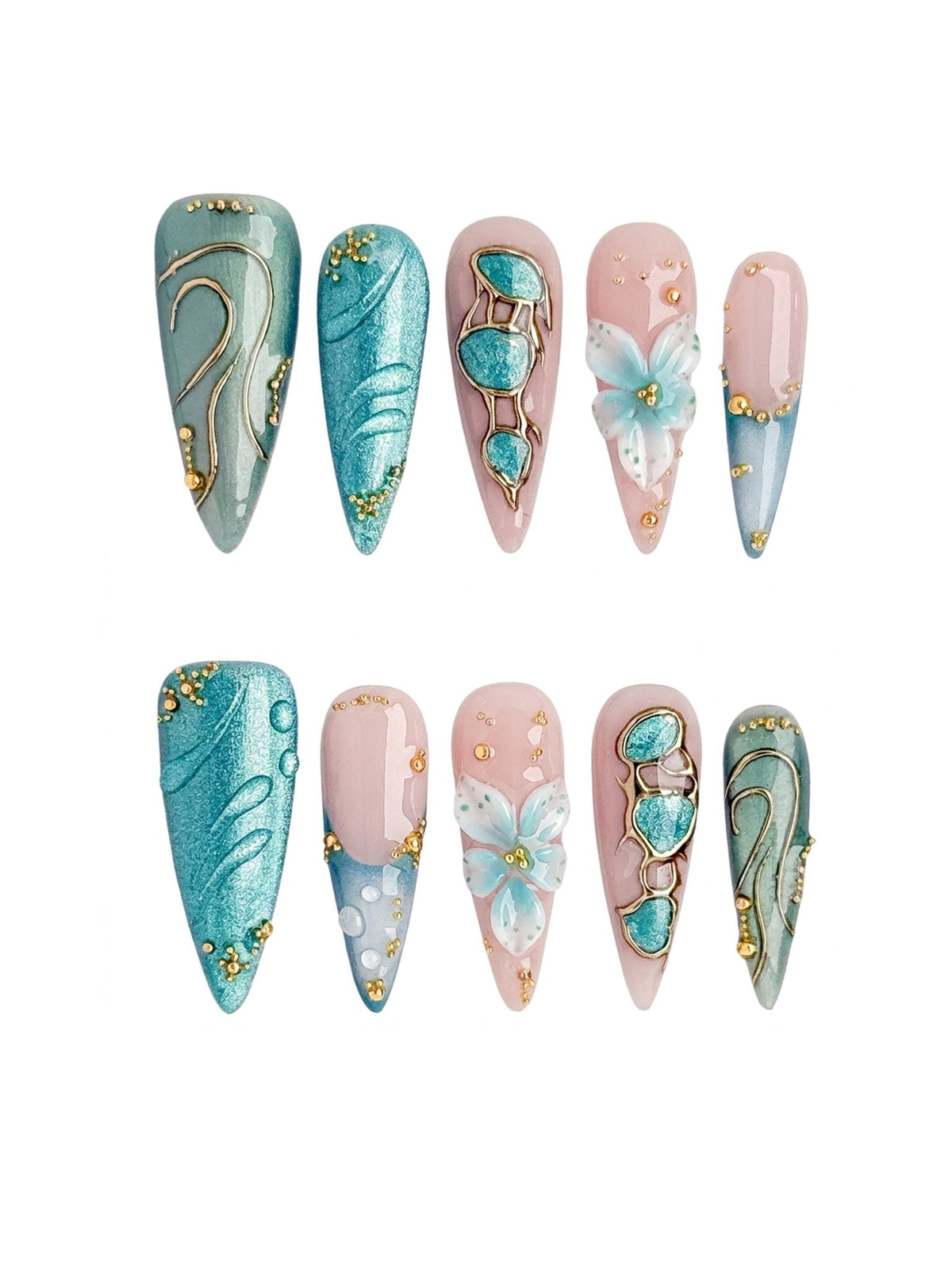 Aqua Jewel Long Stiletto Press On Nails