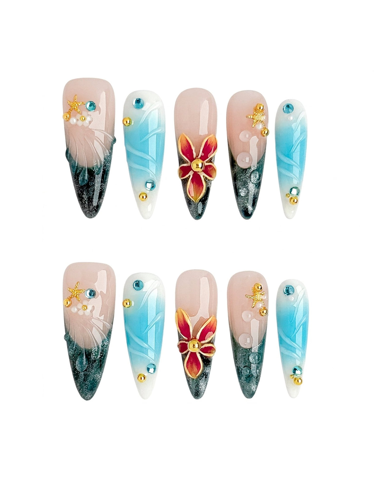 Ocean Bloom Long Stiletto Press On Nails