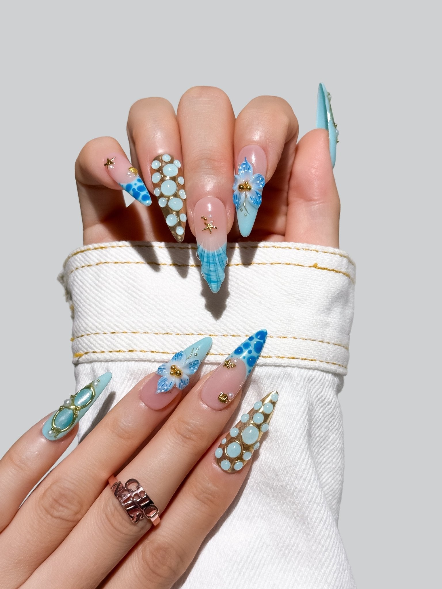 Blue Coastal Floral Press On Nails Long Stiletto