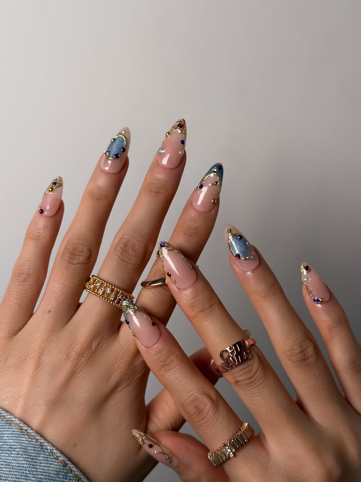 Blue Crystal Gem Press On Nails Medium Almond