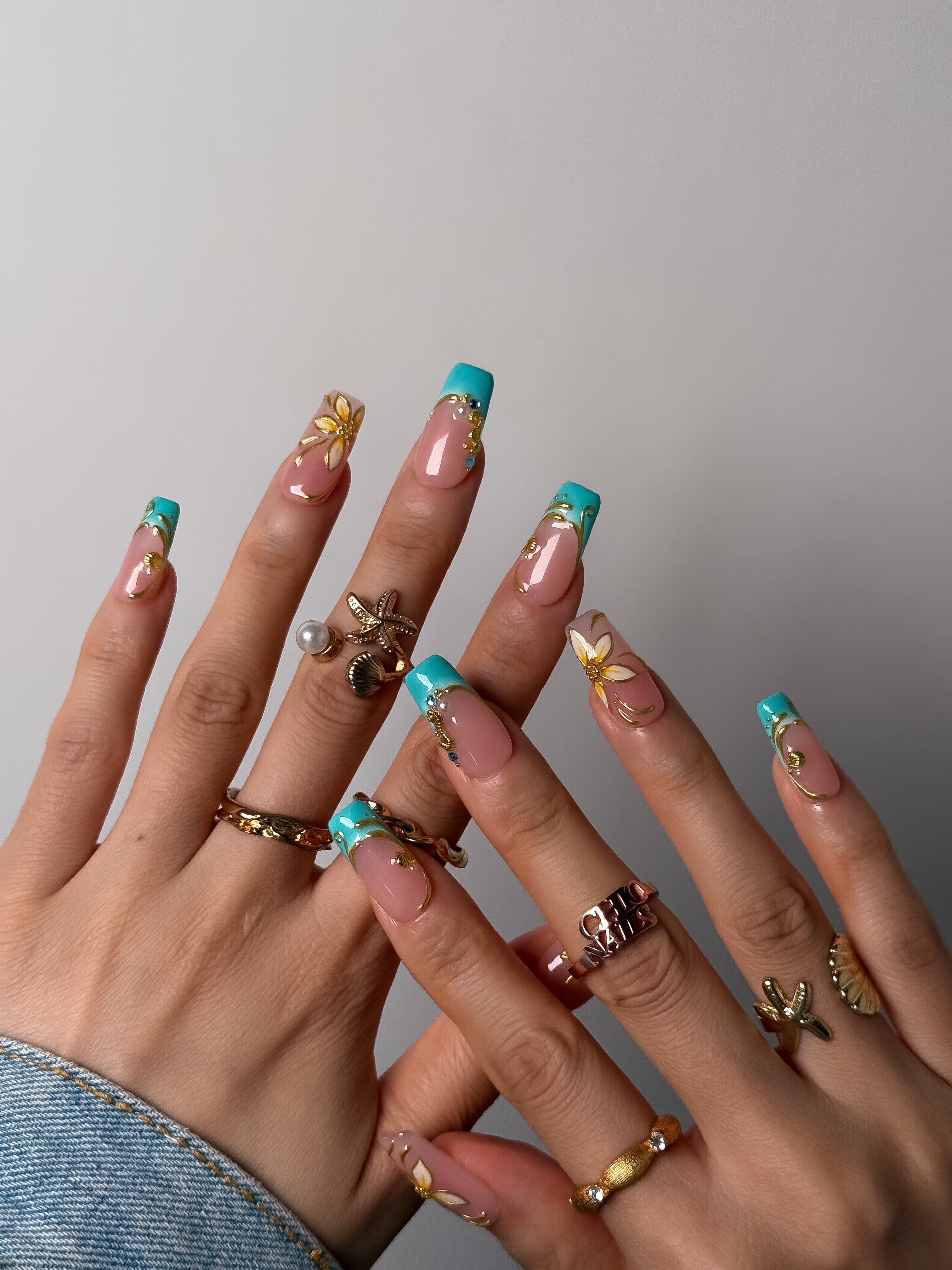 Turquoise French Floral Press On Nails Medium Square