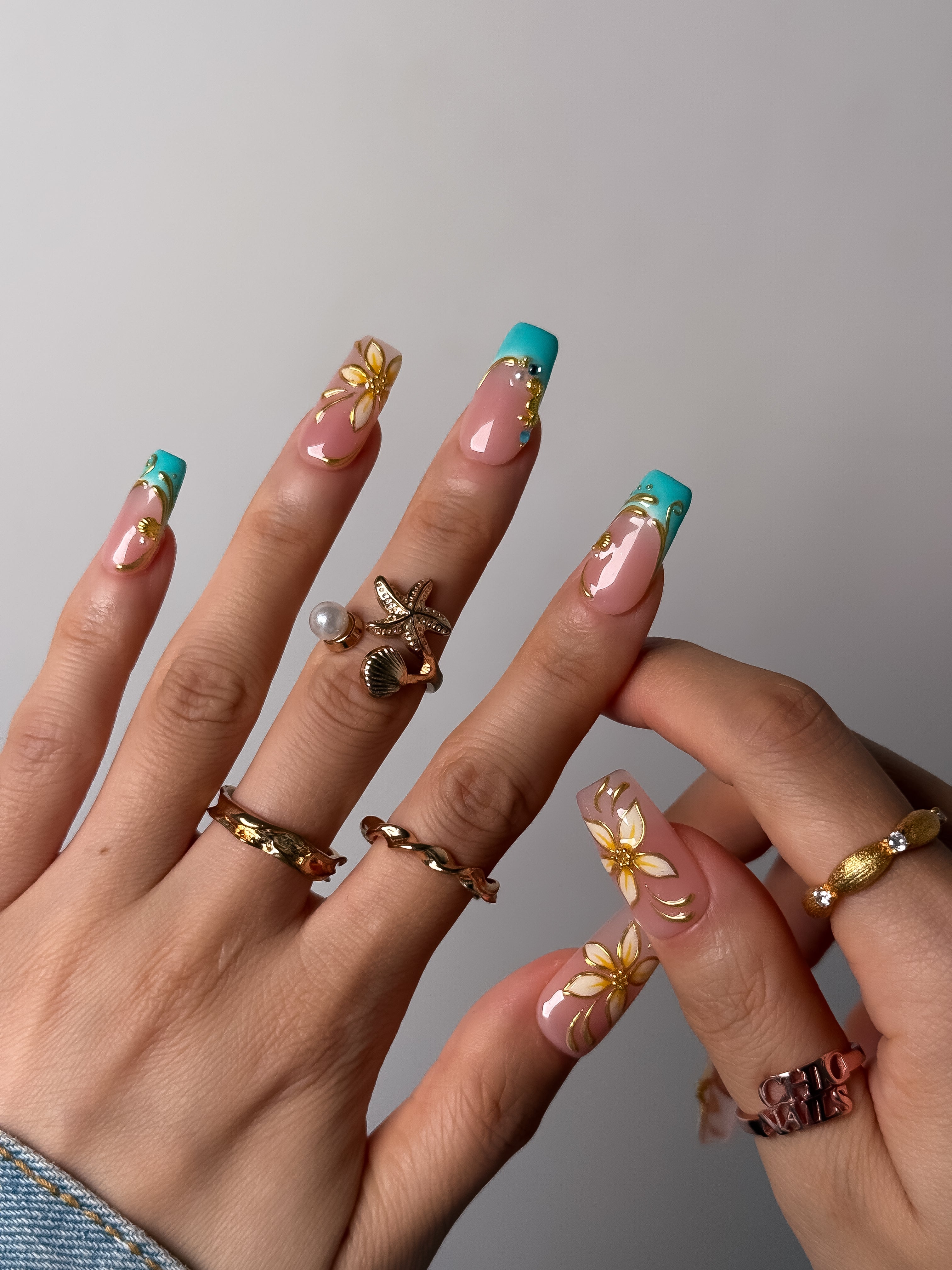 Turquoise French Floral Press On Nails Medium Square
