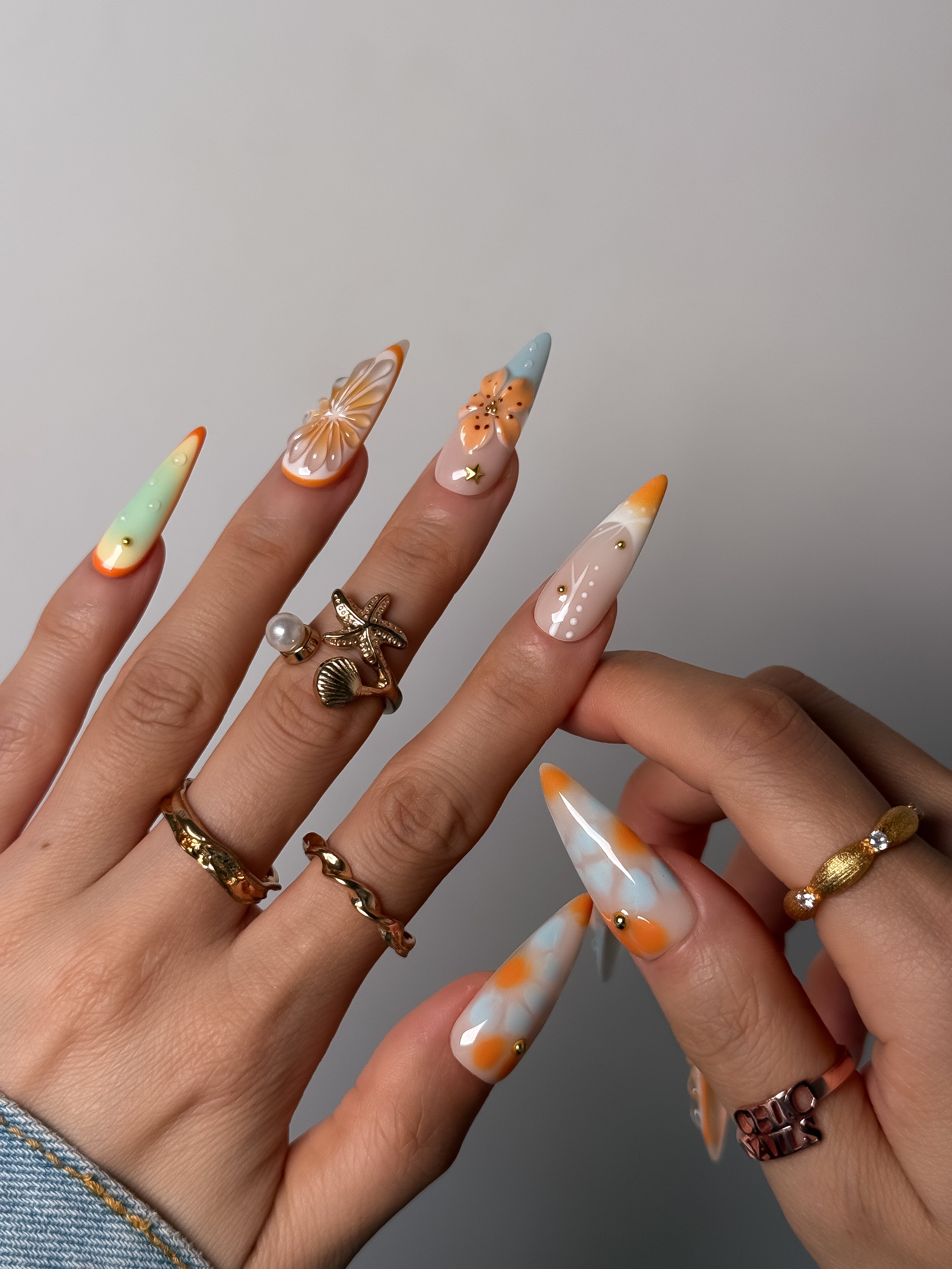 Pastel Citrus Floral Press On Nails Long Stiletto