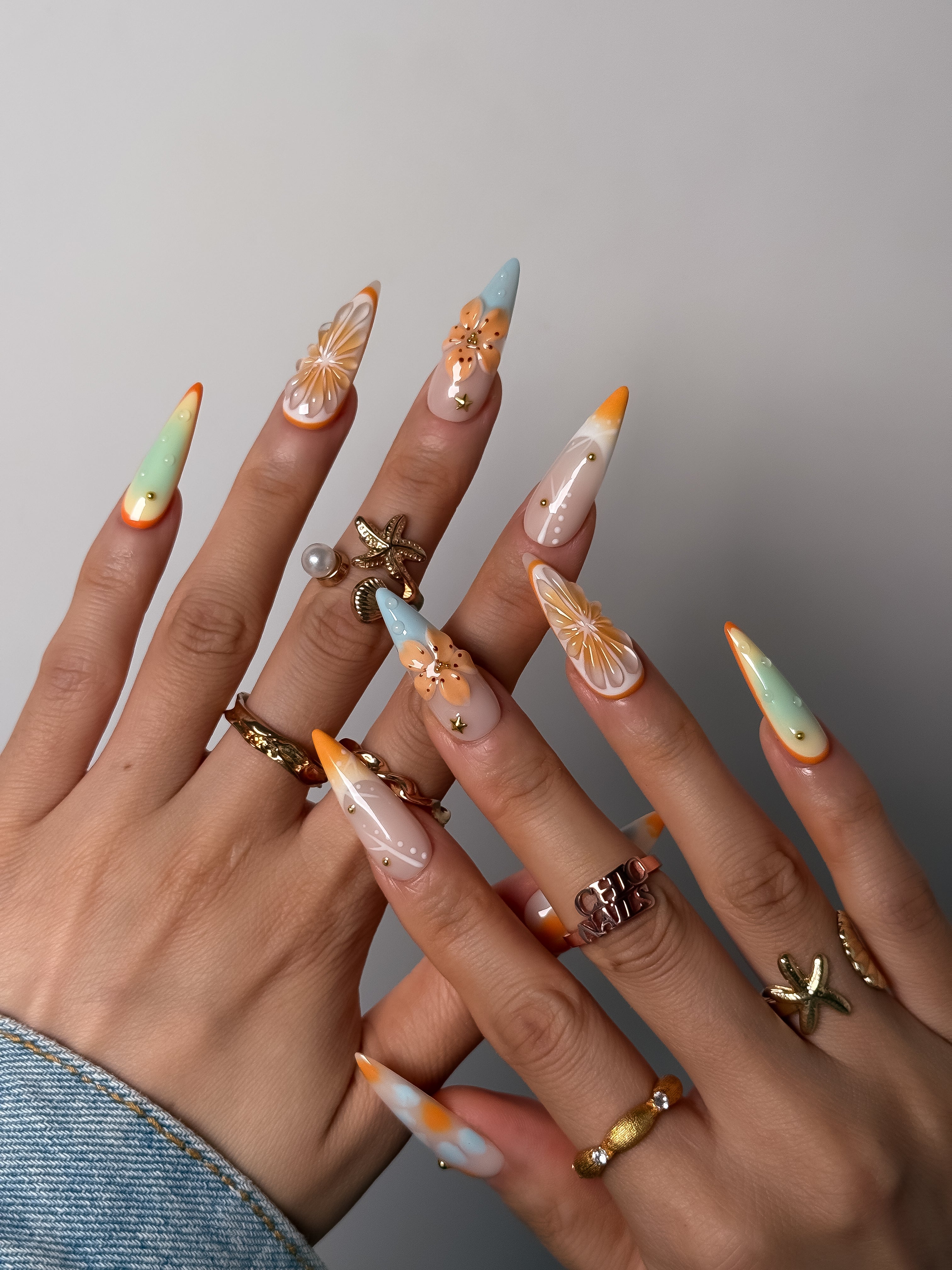 Pastel Citrus Floral Press On Nails Long Stiletto