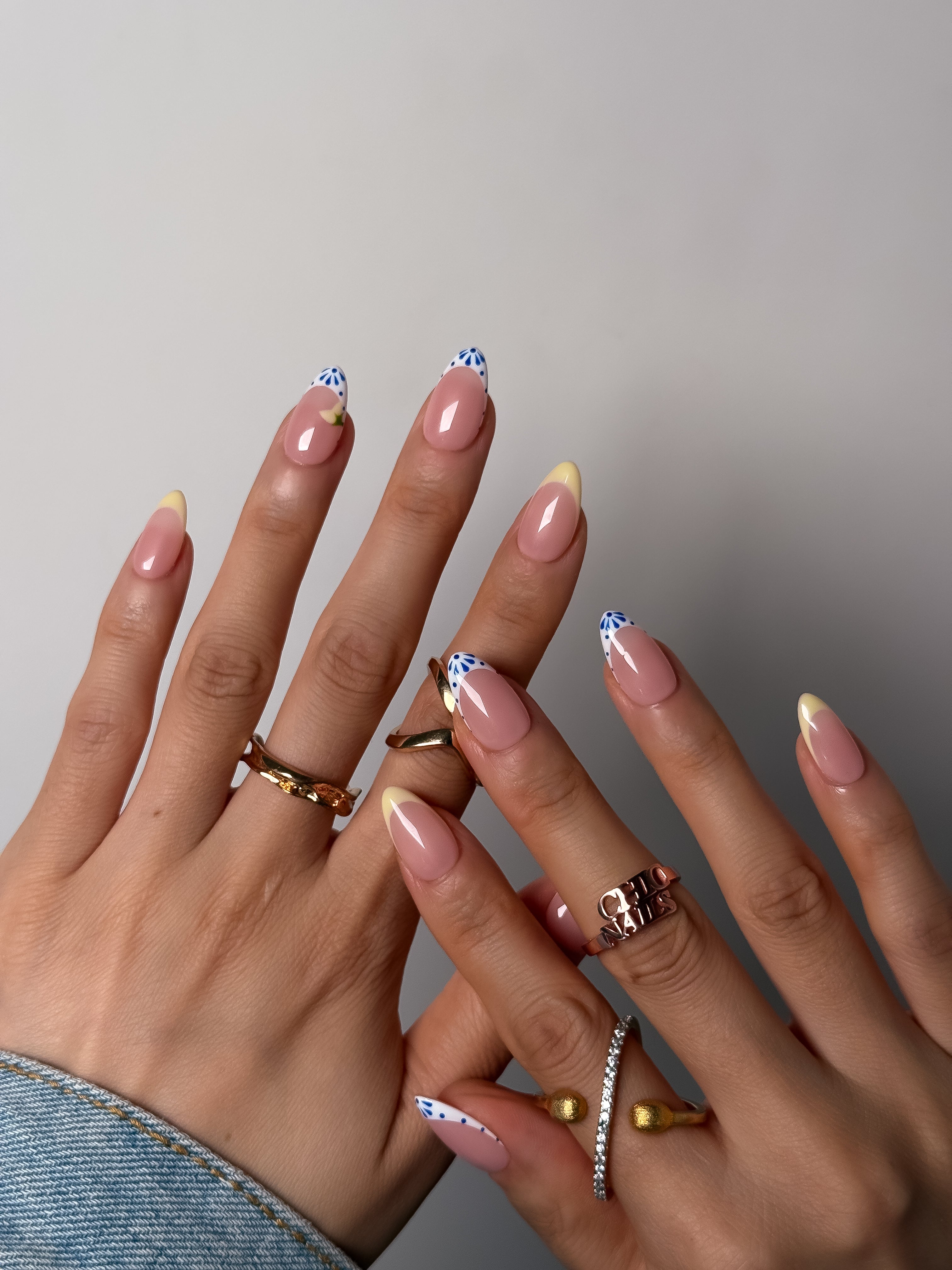 Blue Porcelain French Press On Nails Short Almond