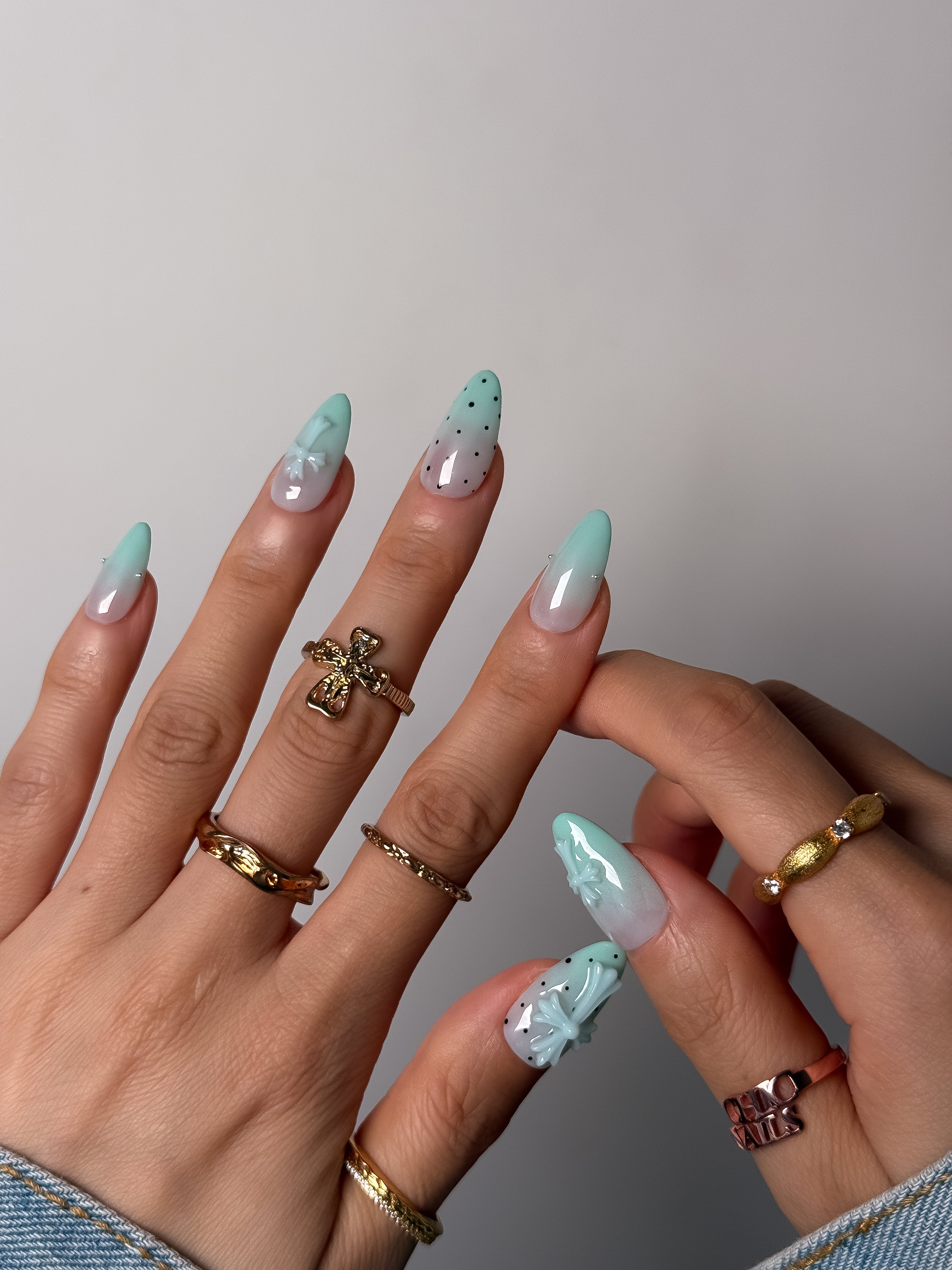 Mint Green Ombre Cross Press On Nails Medium Almond