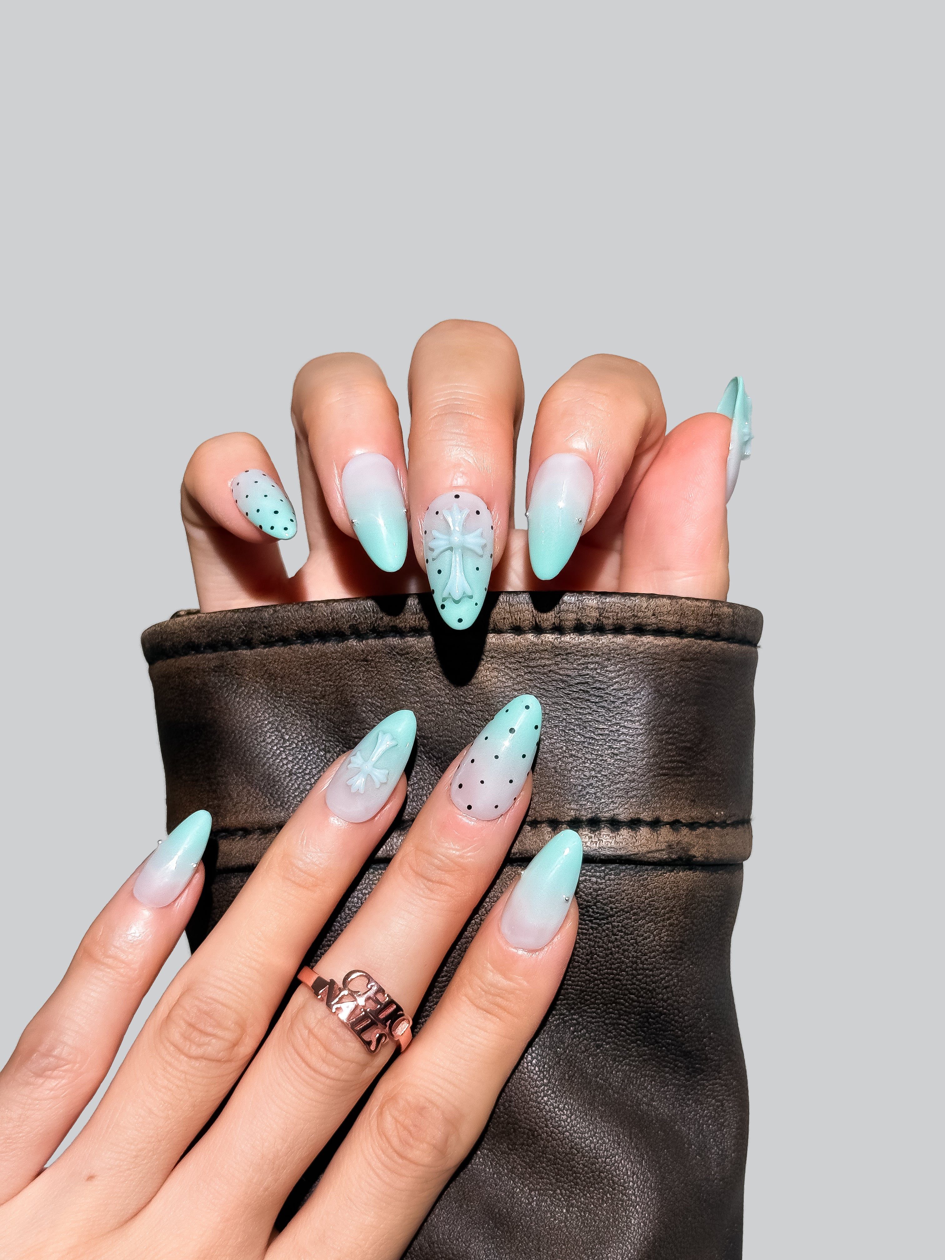 Mint Green Ombre Cross Press On Nails Medium Almond