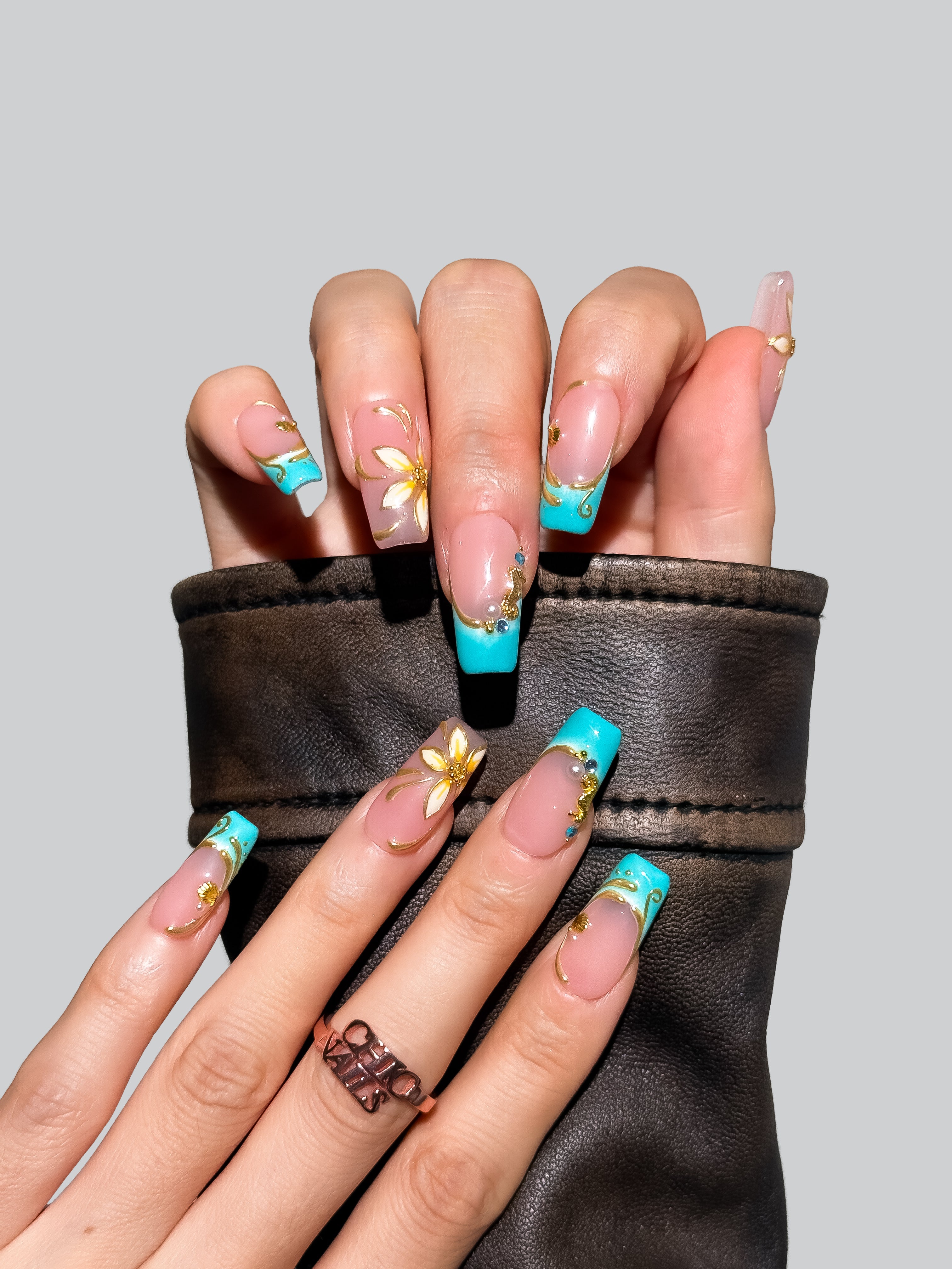 Turquoise French Floral Press On Nails Medium Square