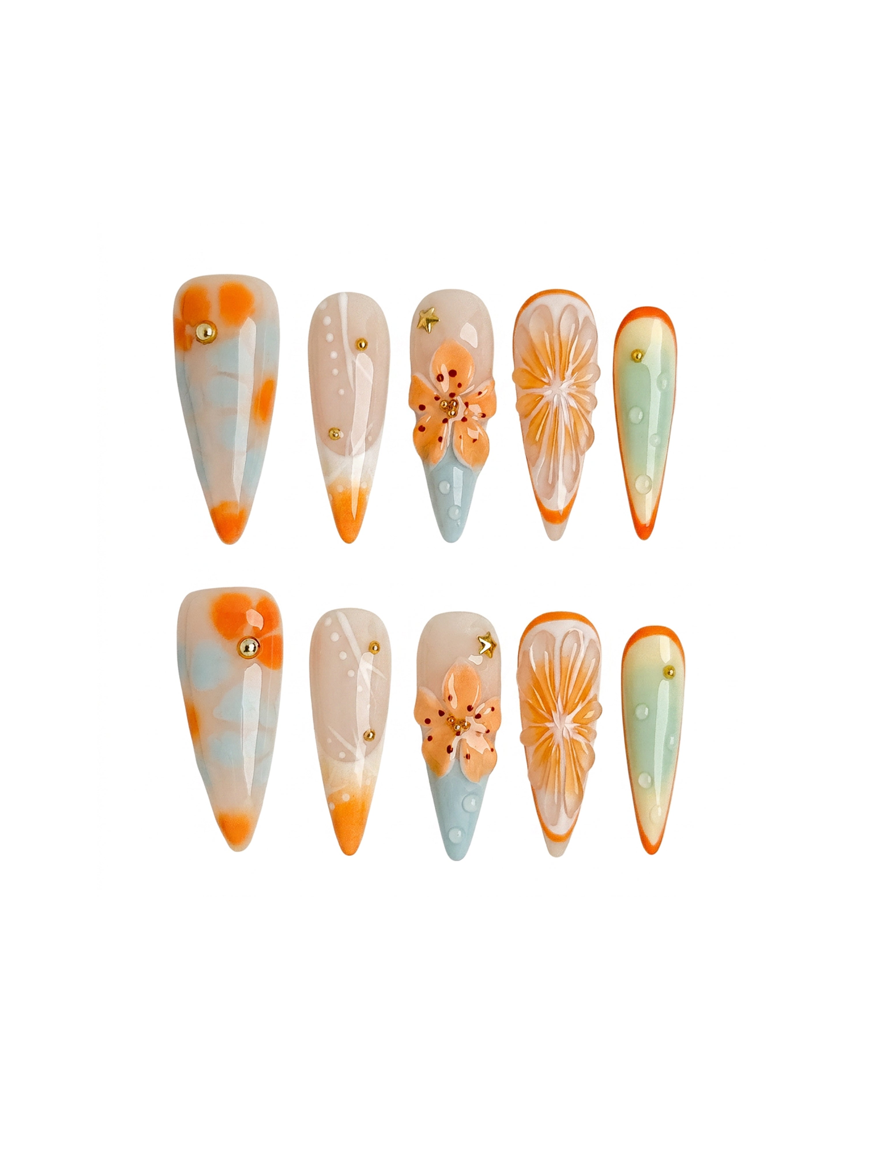 Pastel Citrus Floral Press On Nails Long Stiletto