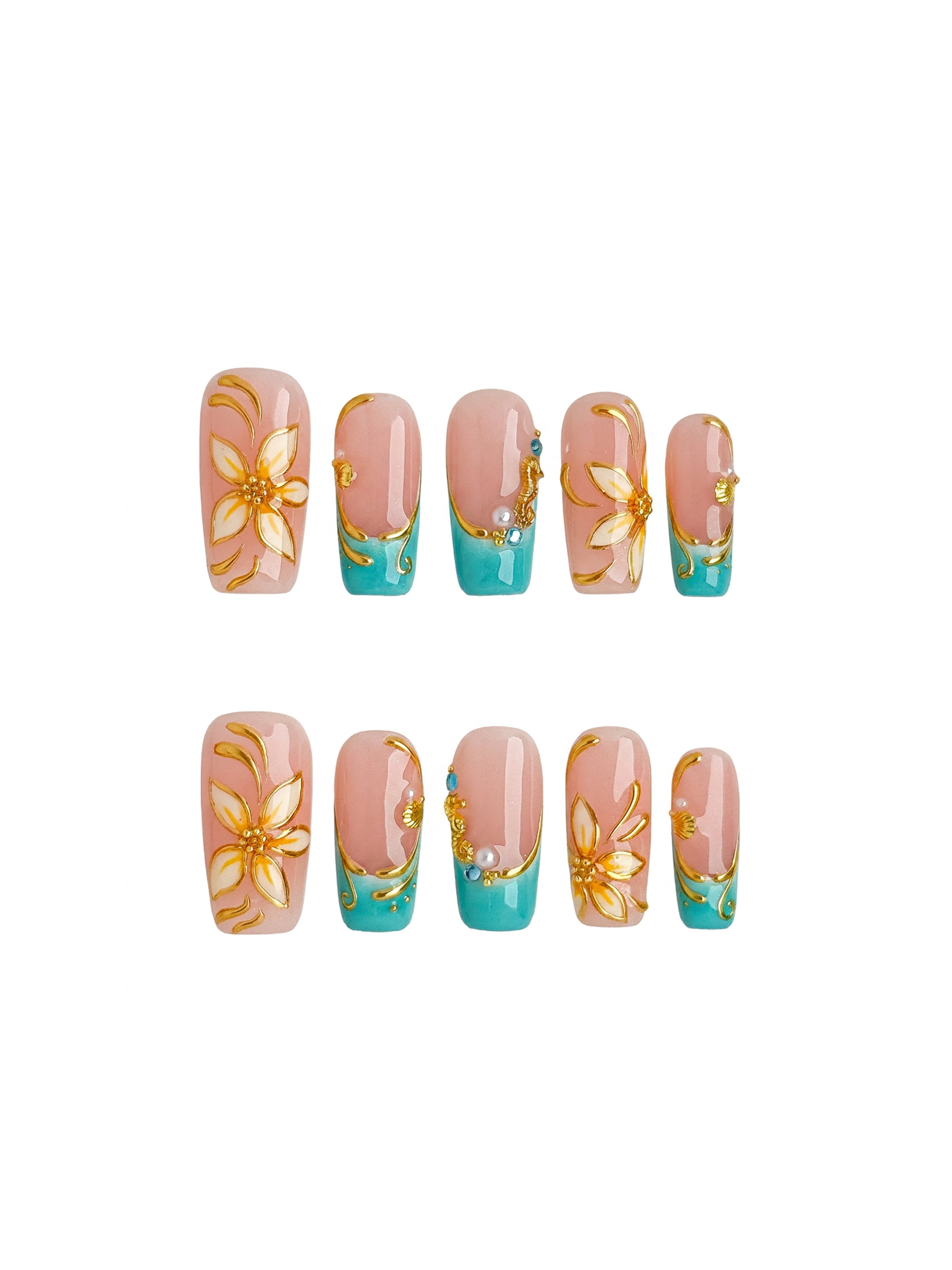 Turquoise French Floral Press On Nails Medium Square