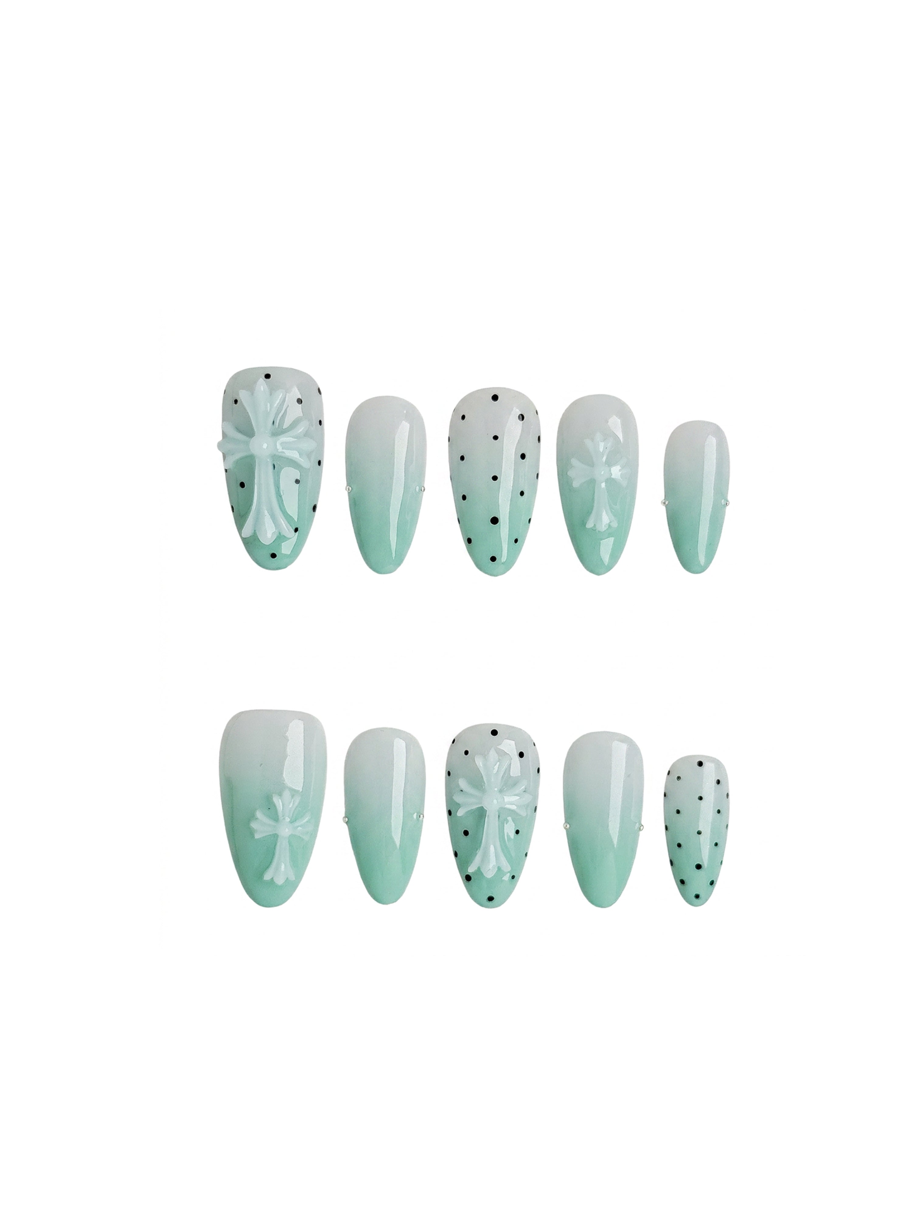 Mint Green Ombre Cross Press On Nails Medium Almond