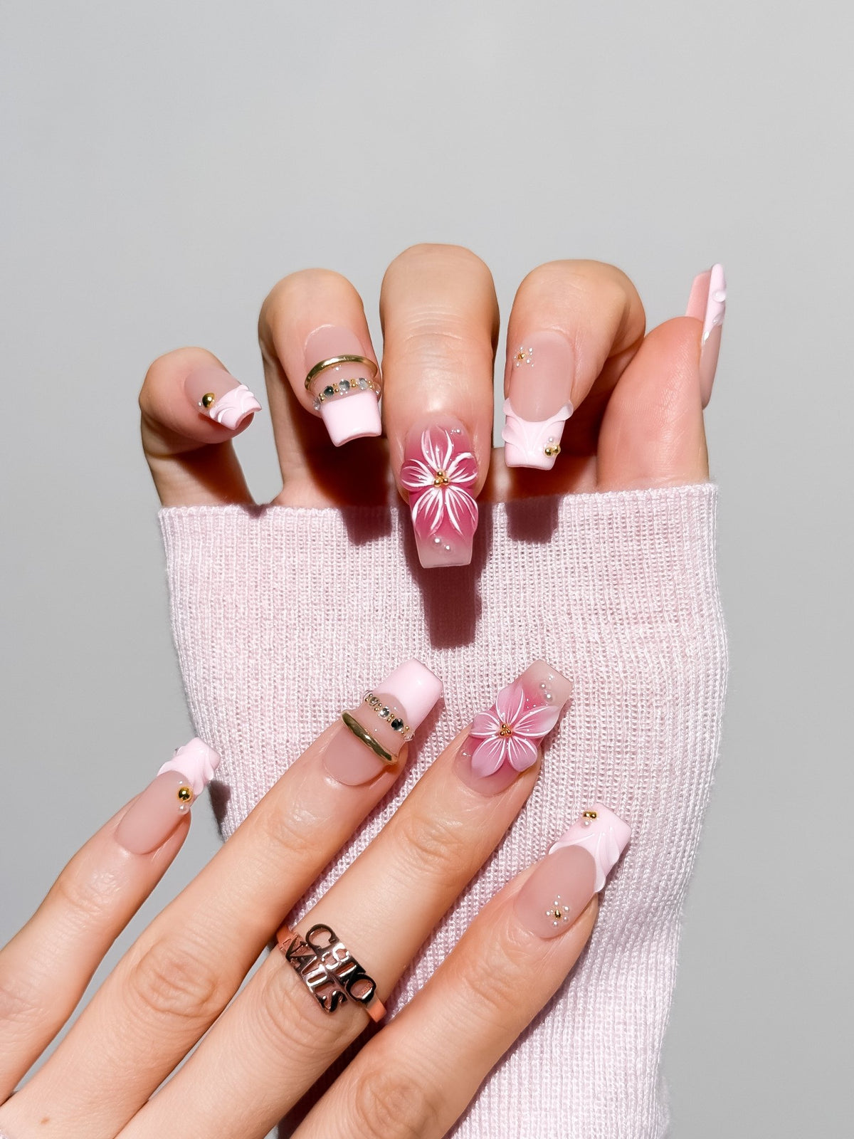 Pink Fleur Medium Square Press On Nails