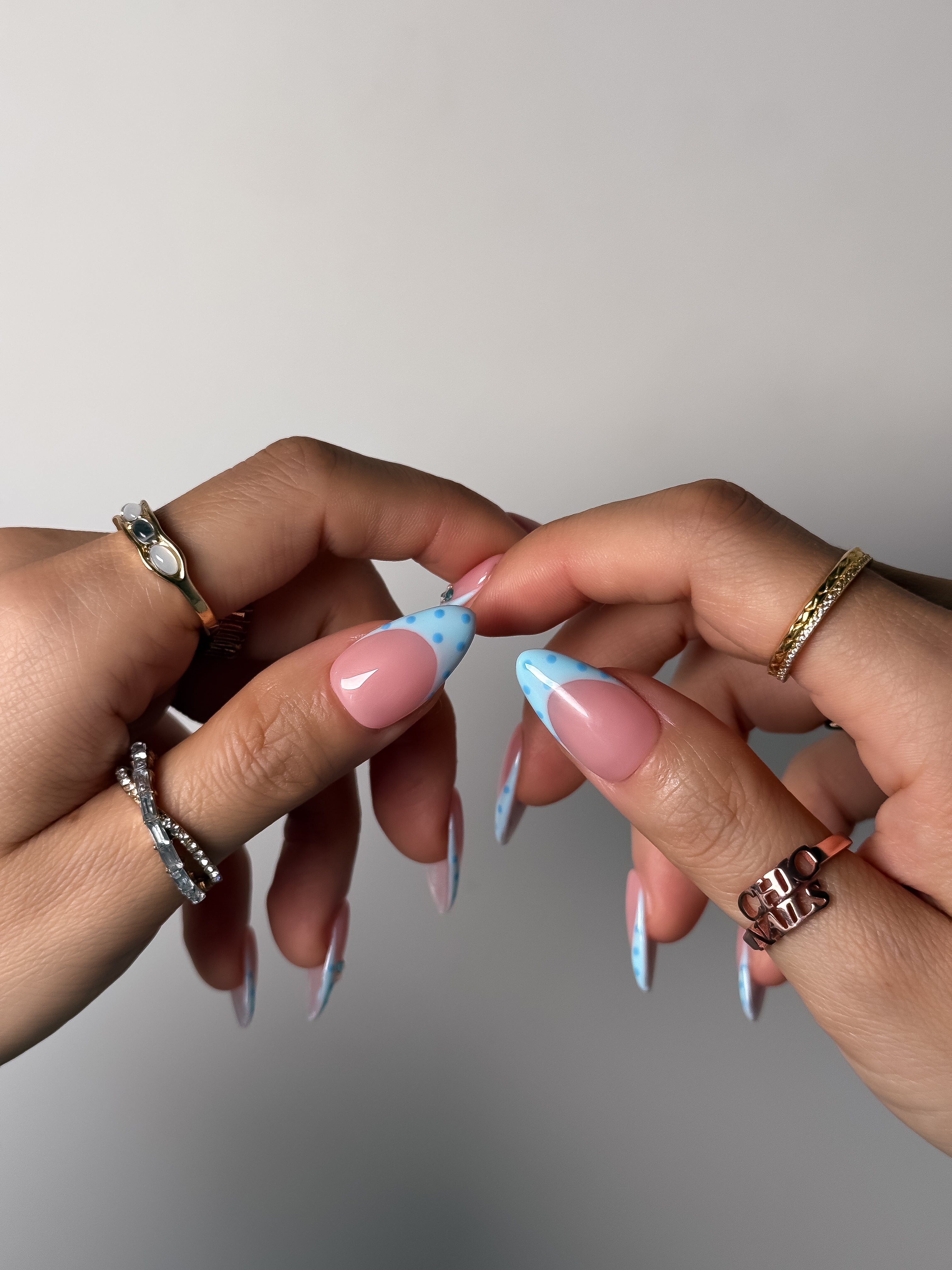 Blue Polka Dot French Press On Nails Short Almond
