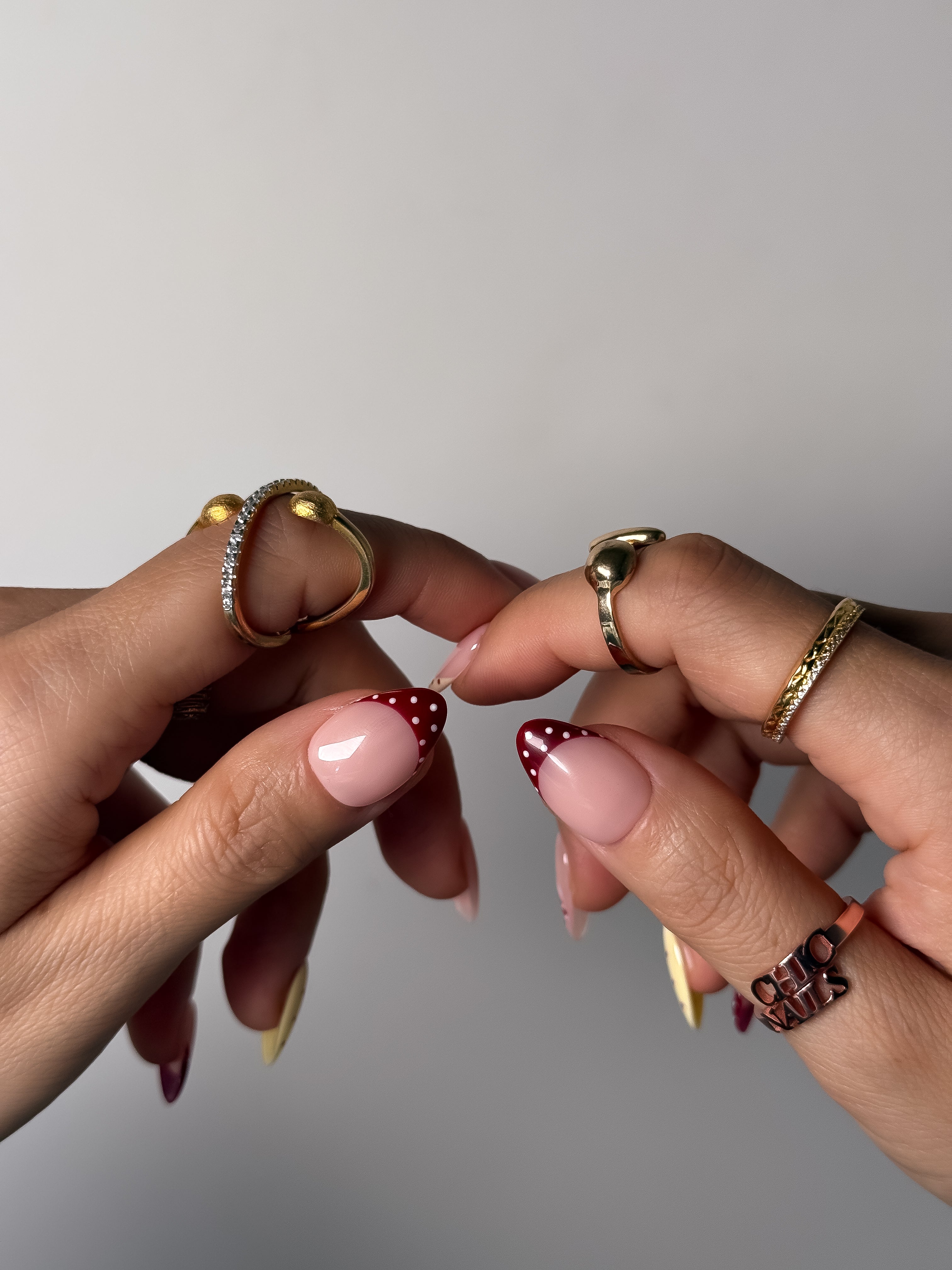 Burgundy Yellow Polka Dot Bow Press On Nails Short Almond