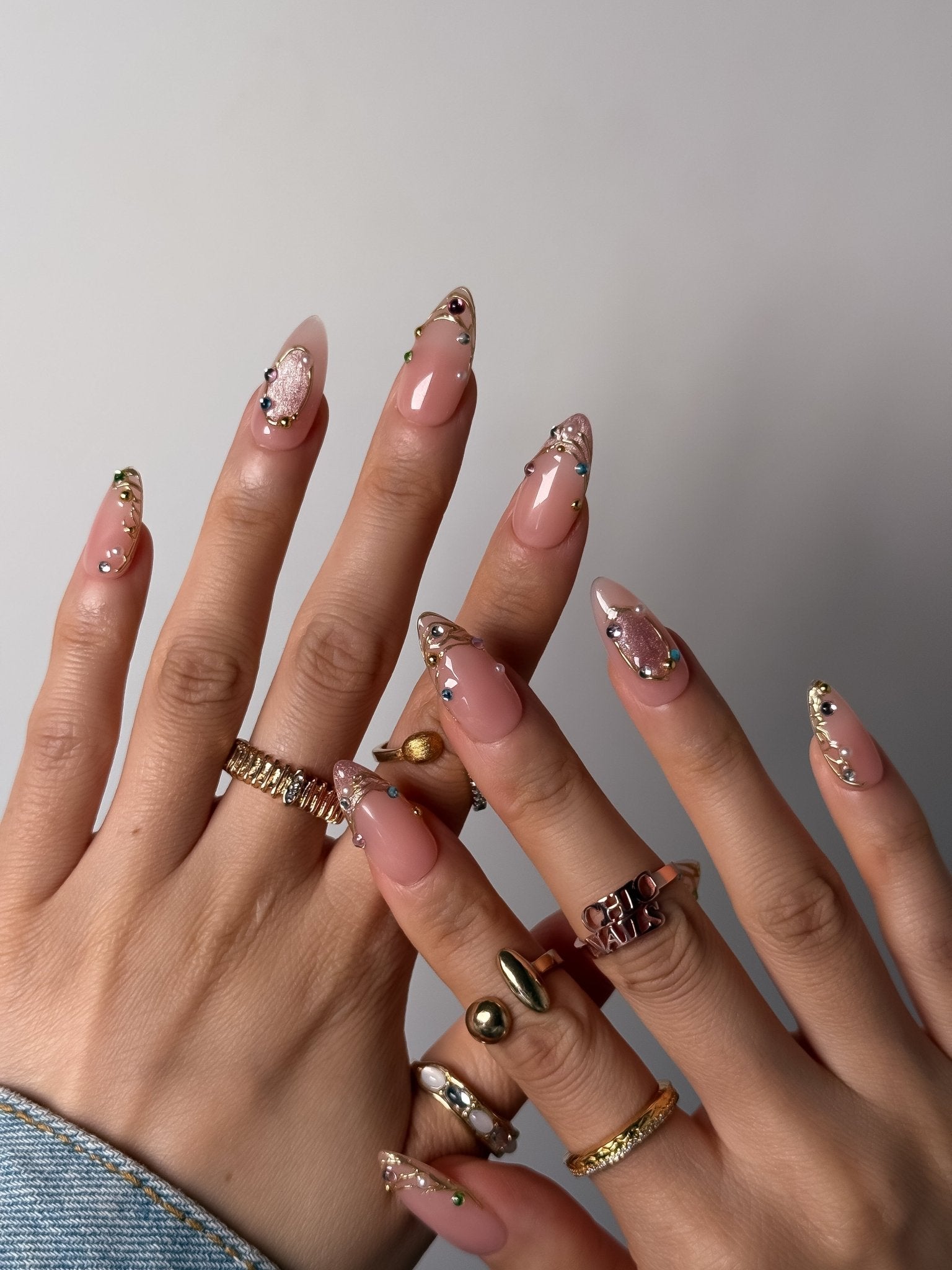 Gold Rhinestone French Press On Nails Medium Almond